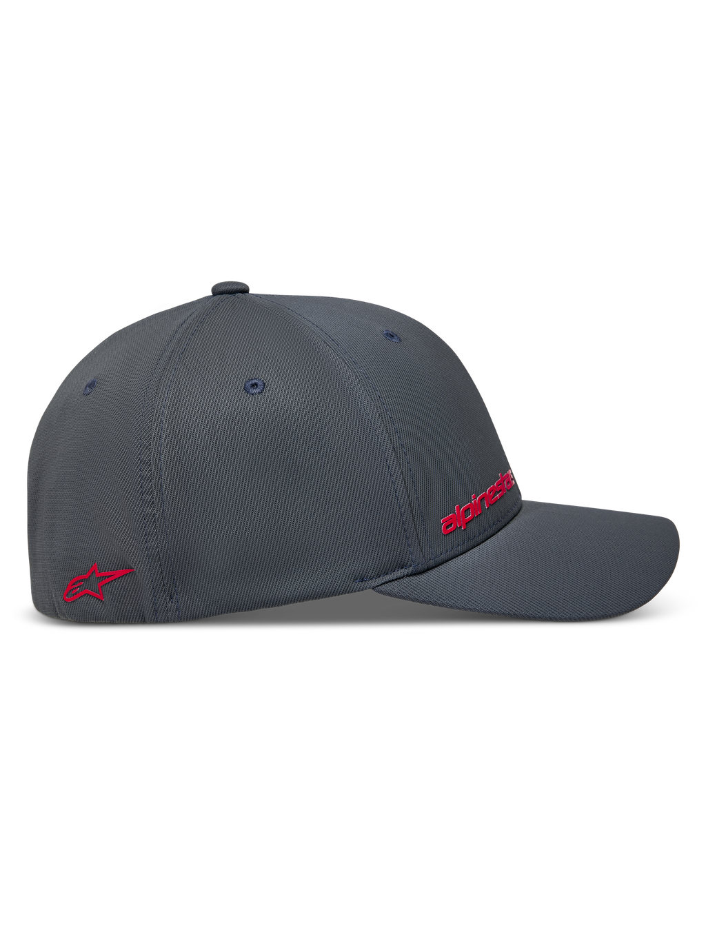 Alpinestars Points Hat, Dark Grey Sportswear Baseball Cap, side view with red HD print logos and durable nylon tactel fabric.