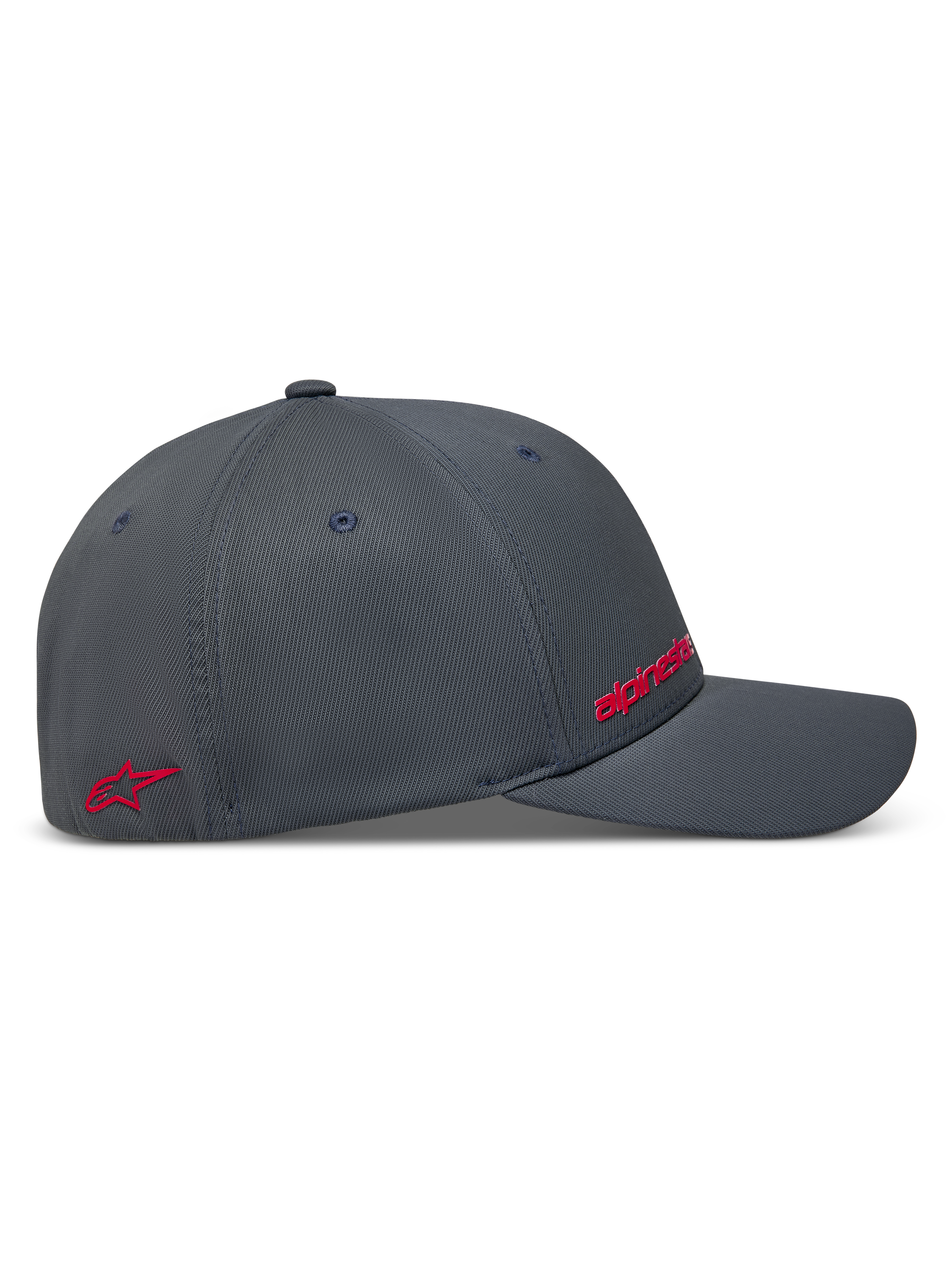 Alpinestars Points Hat, Dark Grey Sportswear Baseball Cap, side view with red HD print logos and durable nylon tactel fabric.