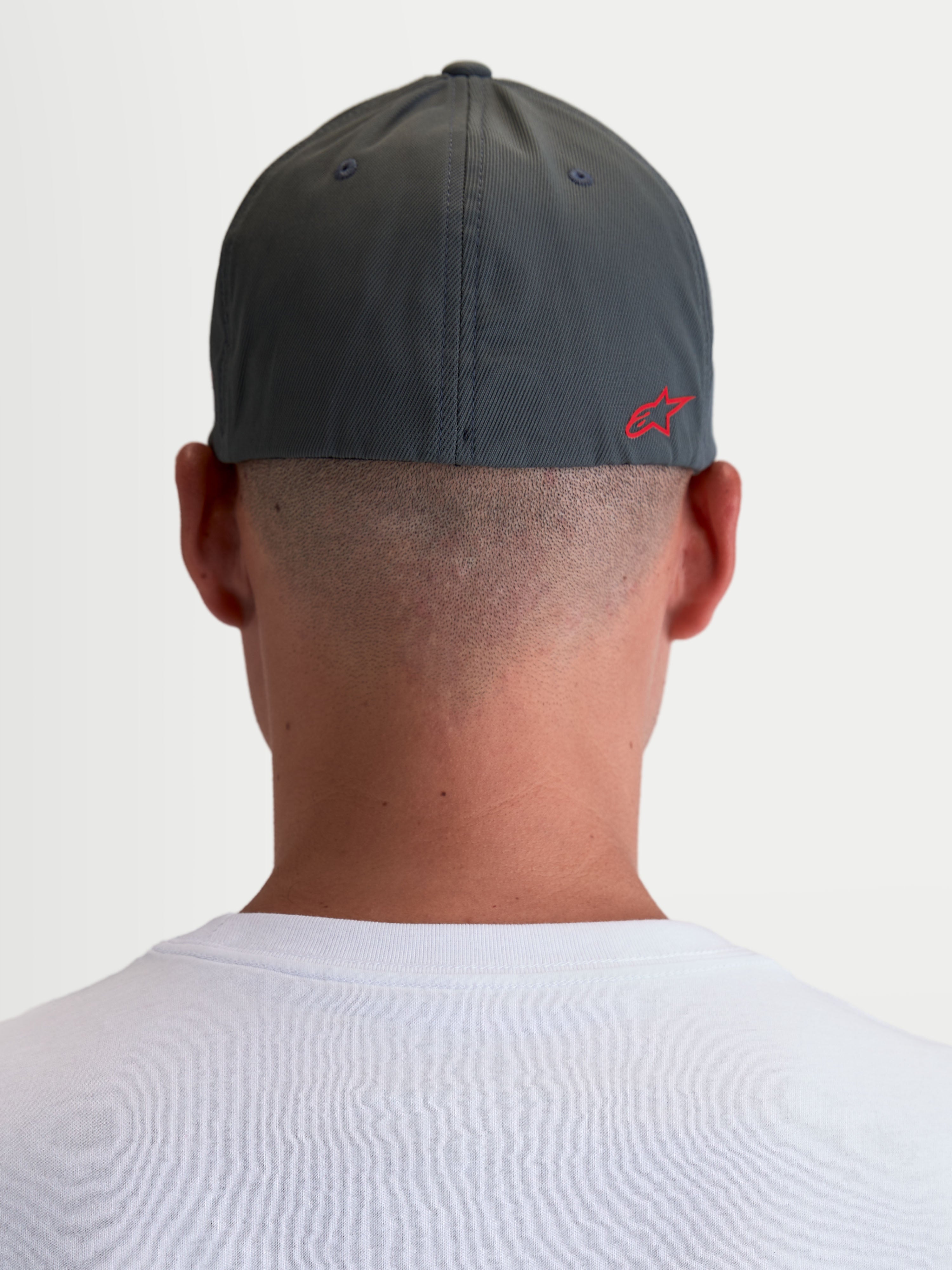 Alpinestars Points Hat, Sportswear Cap, Unisex, Dark Grey and Red, back view on-model showing the red Astars HD logo, lightweight nylon tactel with a flex-back fit.