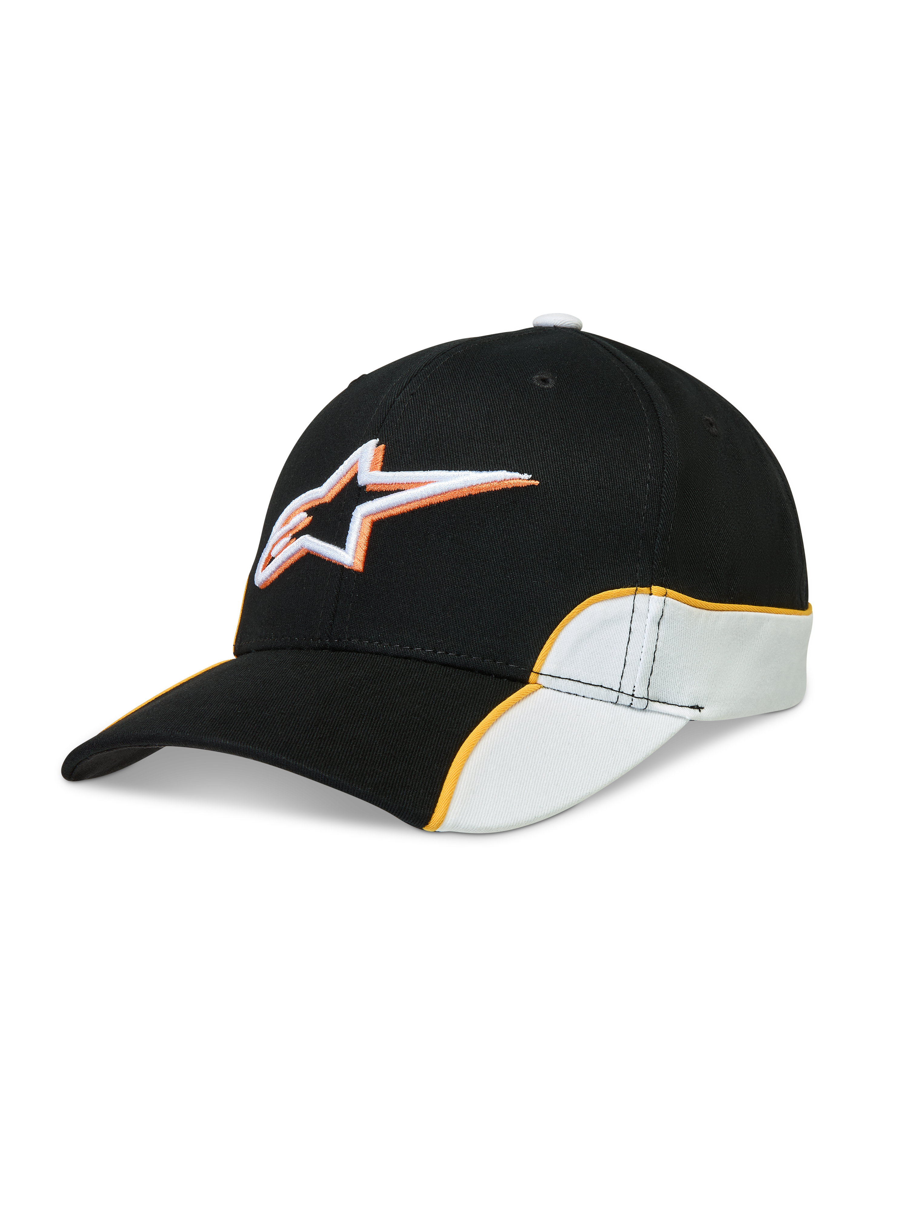 Alpinestars 500 Snapback Hat, Curved Bill Sportswear Baseball Cap, Black and White with Orange Piping, Structured Crown with 3D Astars Logo Embroidery, 100% Cotton Twill, Motorsport-Inspired Lifestyle Hat