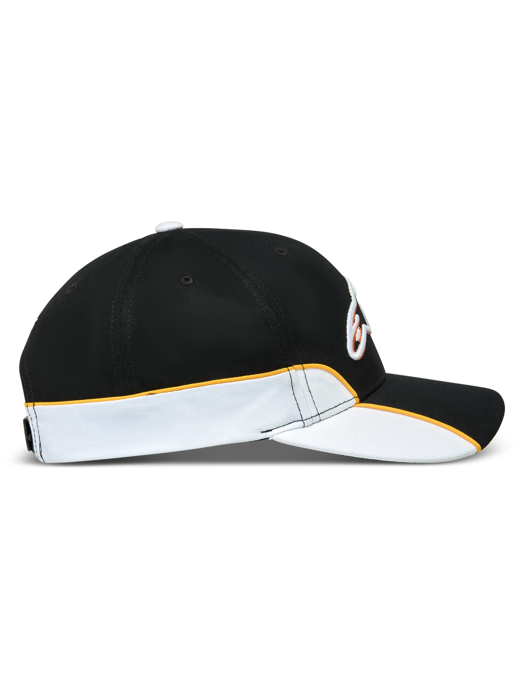 Alpinestars 500 Snapback Hat, Motorsport-inspired Sportswear Baseball Cap, Black and White with orange trim, side profile showing curved bill, structured crown, and contrast piping detail.