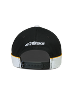 Alpinestars 500 Snapback Hat, Sportswear Lifestyle Cap, Black and White with Yellow Accents, Adjustable Snapback Closure, Rear View showing white Astars logo embroidery and cut-and-sew detailing with contrast piping