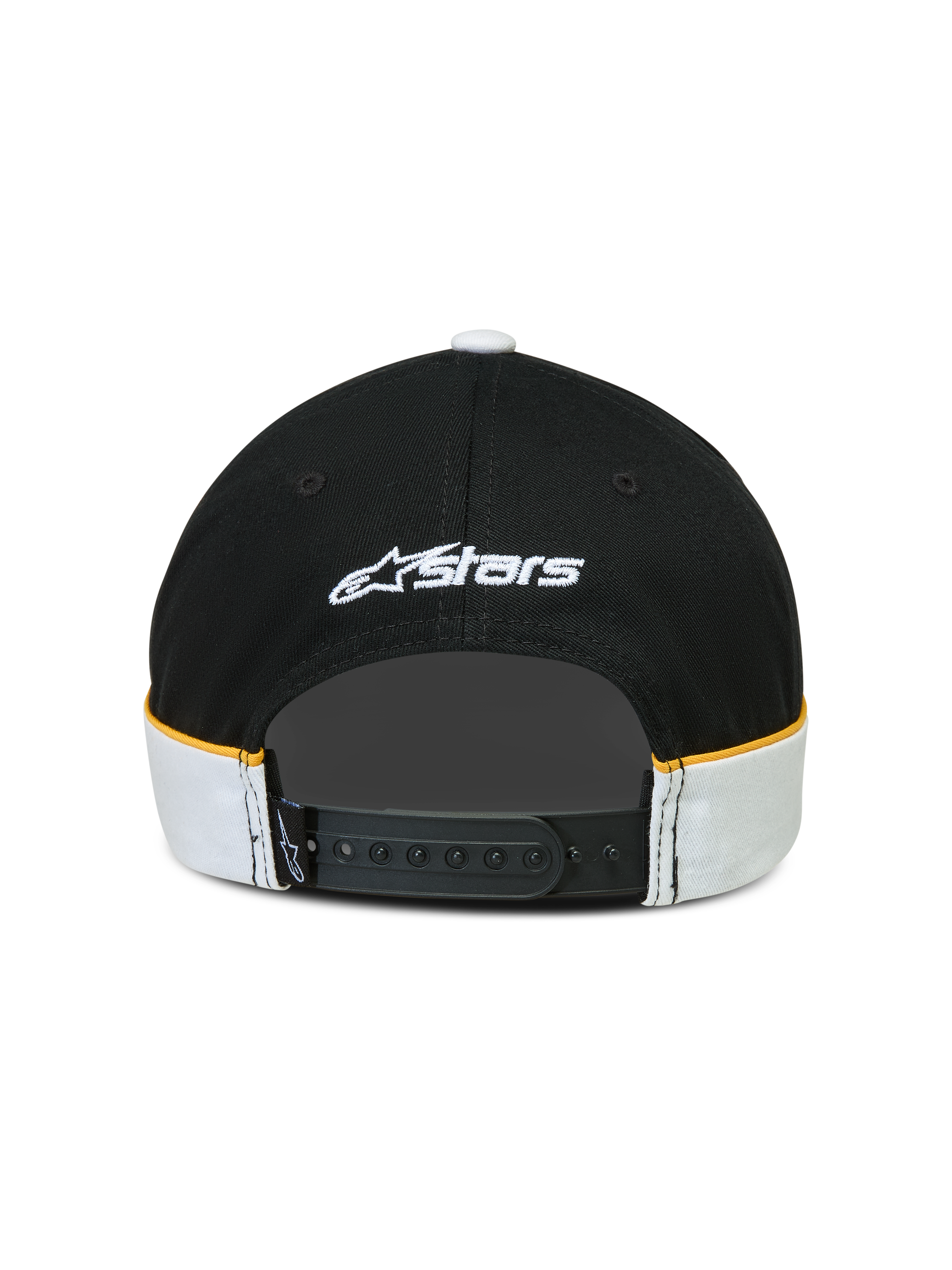 Alpinestars 500 Snapback Hat, Sportswear Lifestyle Cap, Black and White with Yellow Accents, Adjustable Snapback Closure, Rear View showing white Astars logo embroidery and cut-and-sew detailing with contrast piping