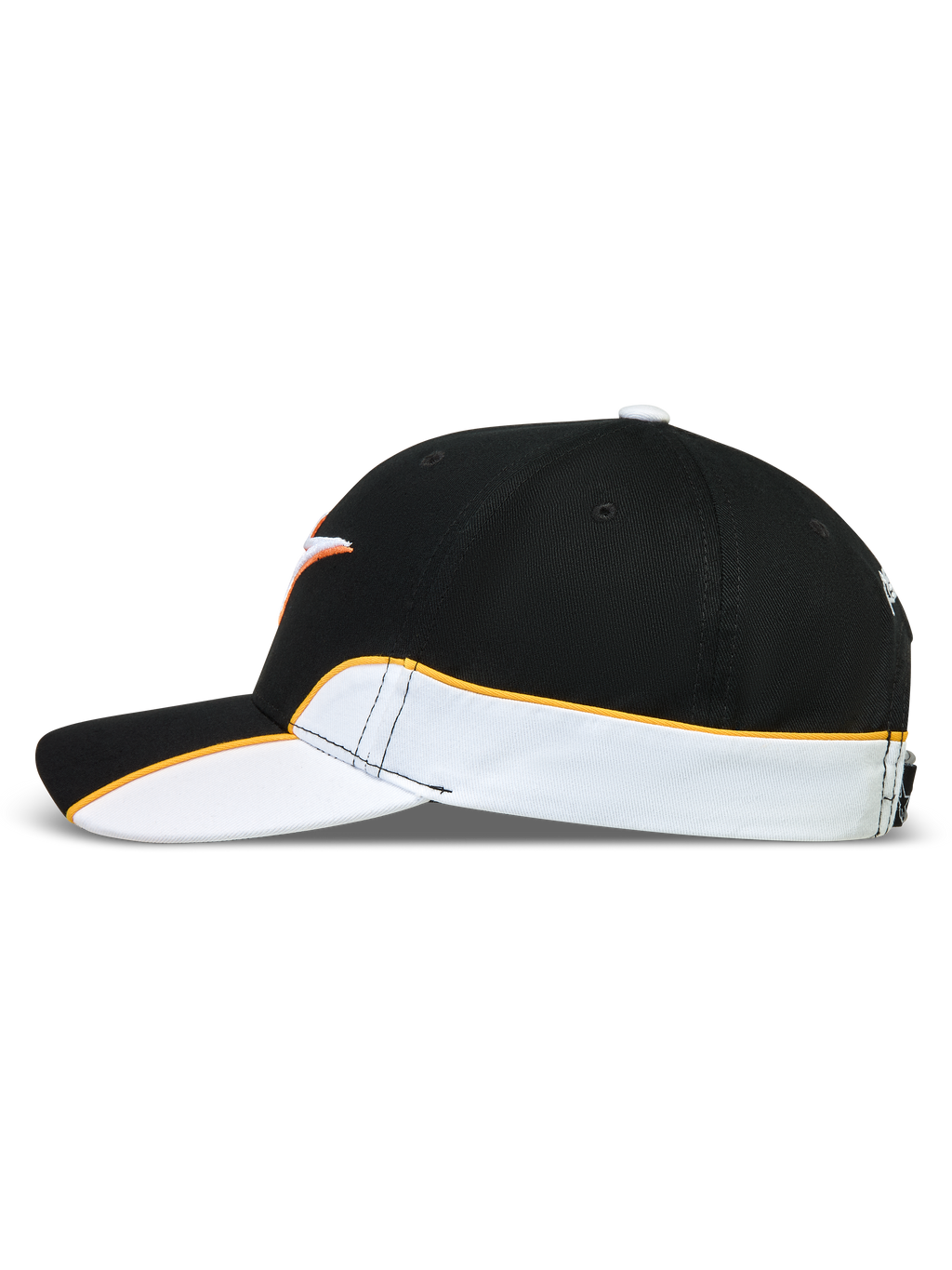 Alpinestars 500 Snapback Hat, Motorsport-inspired Sportswear Lifestyle Cap, Unisex, Black and White with Orange Contrast Piping, Curved Bill and Structured Crown, Durable Cotton Twill, Side View showing cut-and-sew detailing.