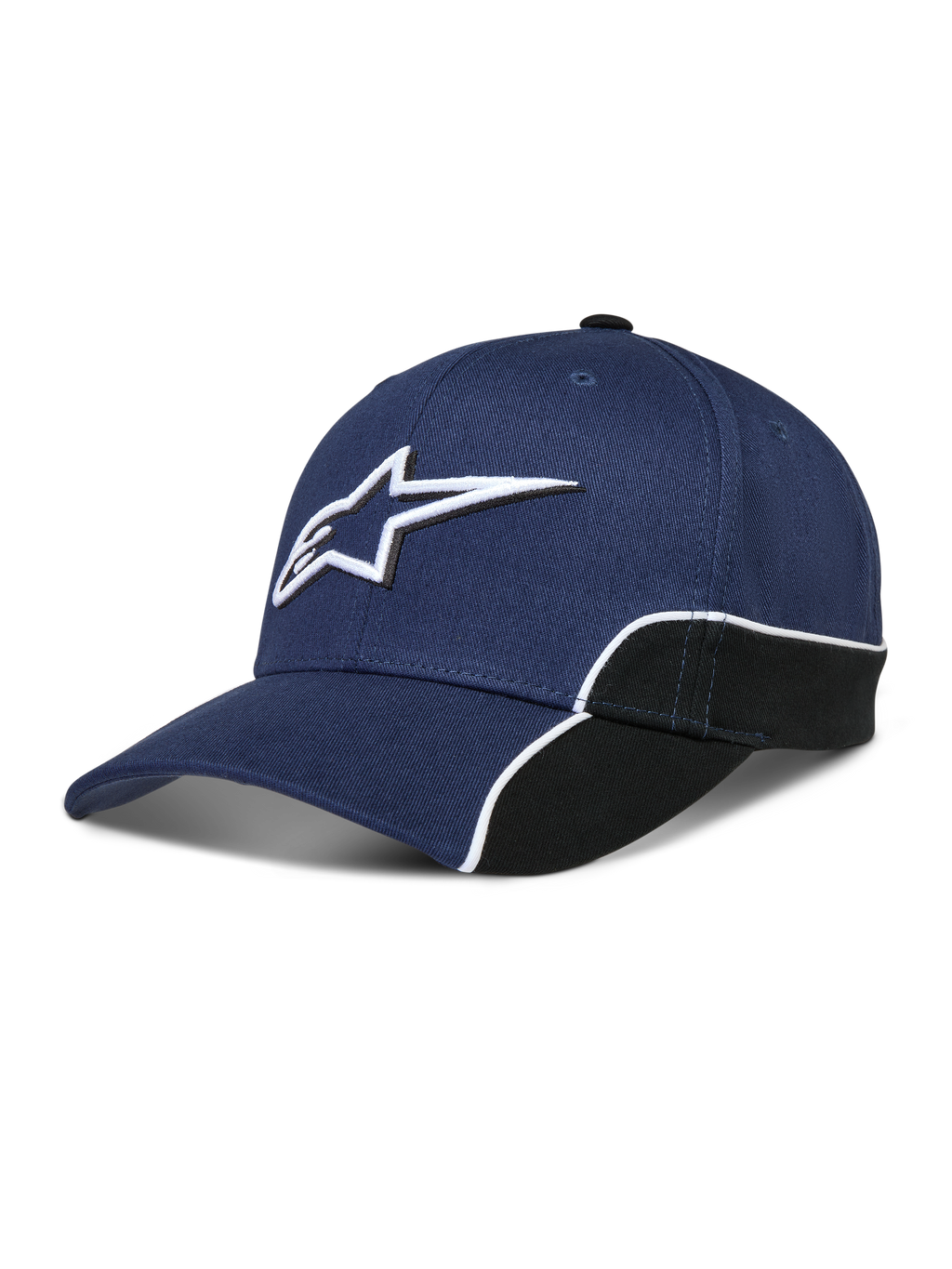 Alpinestars 500 Snapback Hat, Unisex Sportswear Baseball Cap, Navy Blue and Black, featuring 3D Astars logo embroidery, curved bill, and structured crown with white contrast piping.