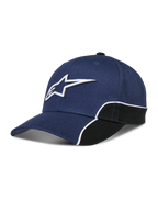 Alpinestars 500 Snapback Hat, Unisex Sportswear Baseball Cap, Navy Blue and Black, featuring 3D Astars logo embroidery, curved bill, and structured crown with white contrast piping.