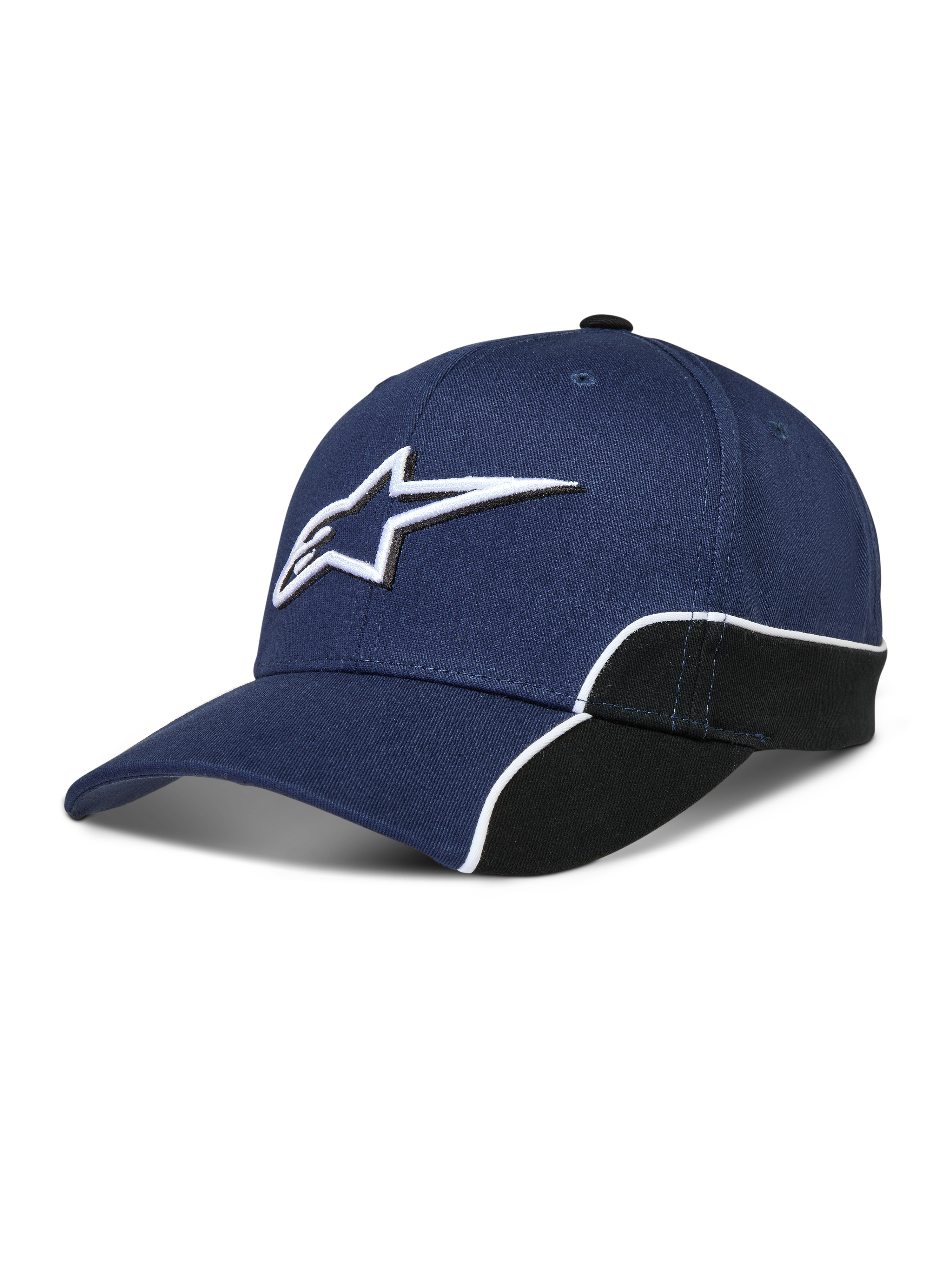 Alpinestars 500 Snapback Hat, Unisex Sportswear Baseball Cap, Navy Blue and Black, featuring 3D Astars logo embroidery, curved bill, and structured crown with white contrast piping.