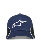 Alpinestars 500 Snapback Hat, Sportswear Motorsport-Inspired Baseball Cap for Men and Women, Navy Blue and Black, featuring 3D Astars logo embroidery, curved bill, structured crown, and contrast piping.