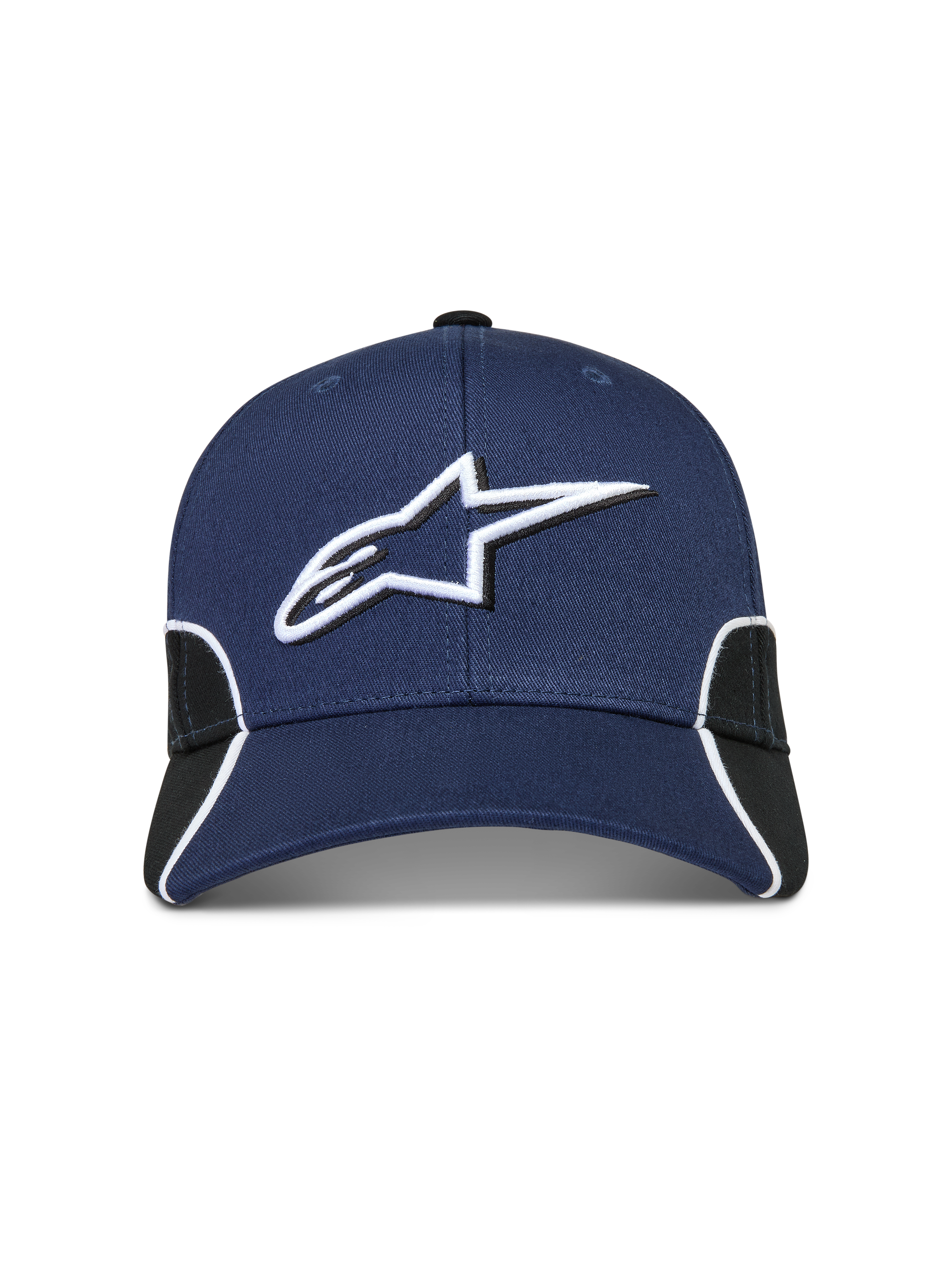Alpinestars 500 Snapback Hat, Sportswear Motorsport-Inspired Baseball Cap for Men and Women, Navy Blue and Black, featuring 3D Astars logo embroidery, curved bill, structured crown, and contrast piping.