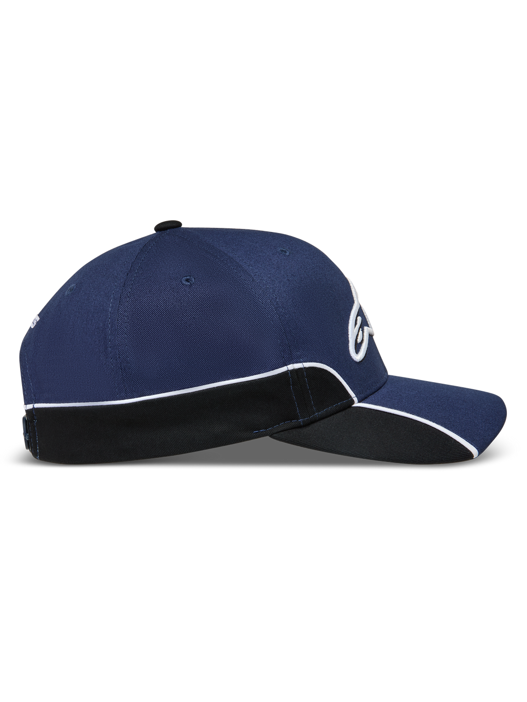 Alpinestars 500 Snapback Hat, Unisex Motorsport-inspired Sportswear Baseball Cap, Navy Blue and Black, featuring a structured crown, curved bill, white contrast piping, and 3D Astars embroidery, side view.