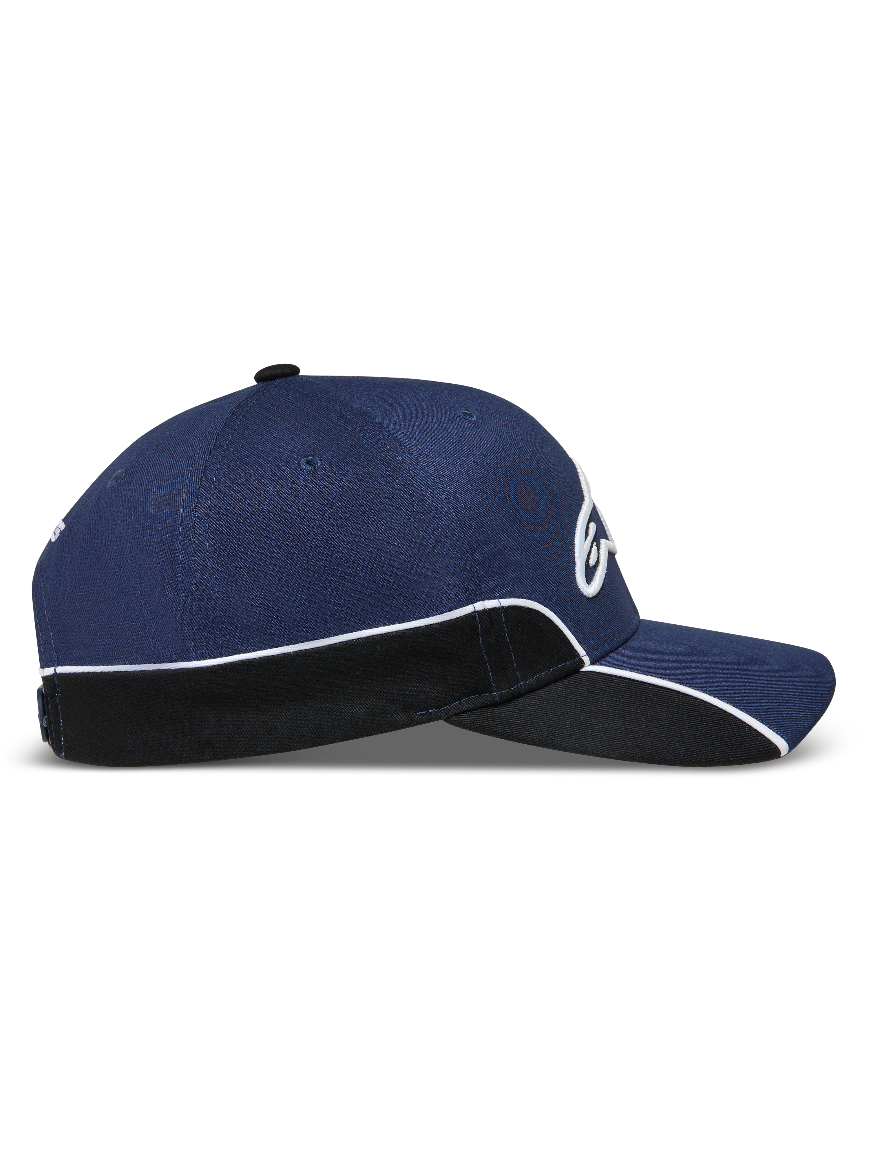 Alpinestars 500 Snapback Hat, Unisex Motorsport-inspired Sportswear Baseball Cap, Navy Blue and Black, featuring a structured crown, curved bill, white contrast piping, and 3D Astars embroidery, side view.