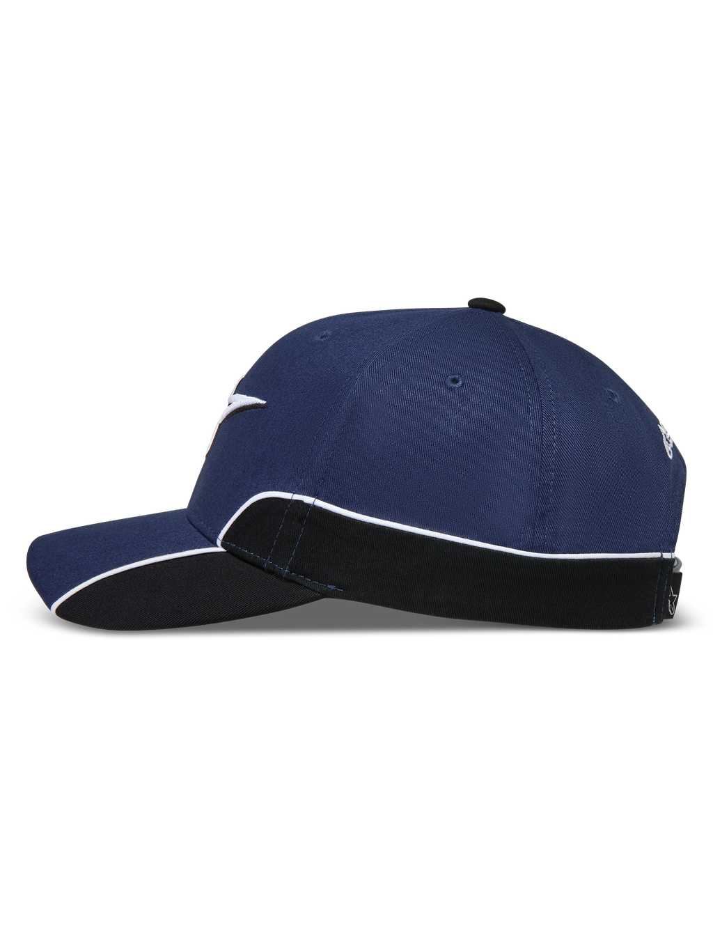 Alpinestars 500 Snapback Hat, Sportswear Lifestyle Cap, Unisex, Navy Blue and Black, side profile view featuring curved bill, structured crown, and contrast white piping on the side panel.