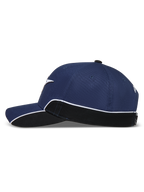 Alpinestars 500 Snapback Hat, Sportswear Lifestyle Cap, Unisex, Navy Blue and Black, side profile view featuring curved bill, structured crown, and contrast white piping on the side panel.