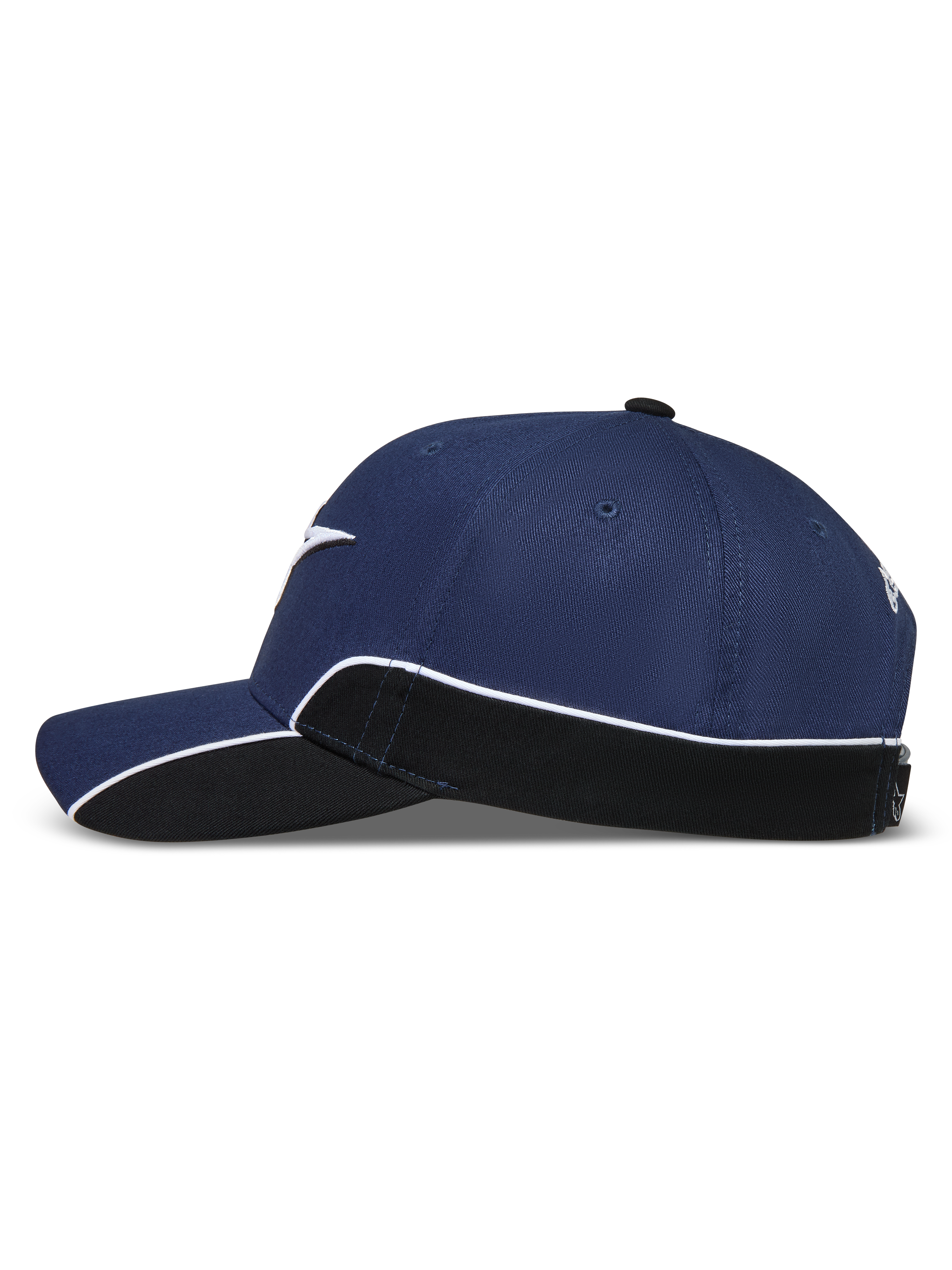 Alpinestars 500 Snapback Hat, Sportswear Lifestyle Cap, Unisex, Navy Blue and Black, side profile view featuring curved bill, structured crown, and contrast white piping on the side panel.