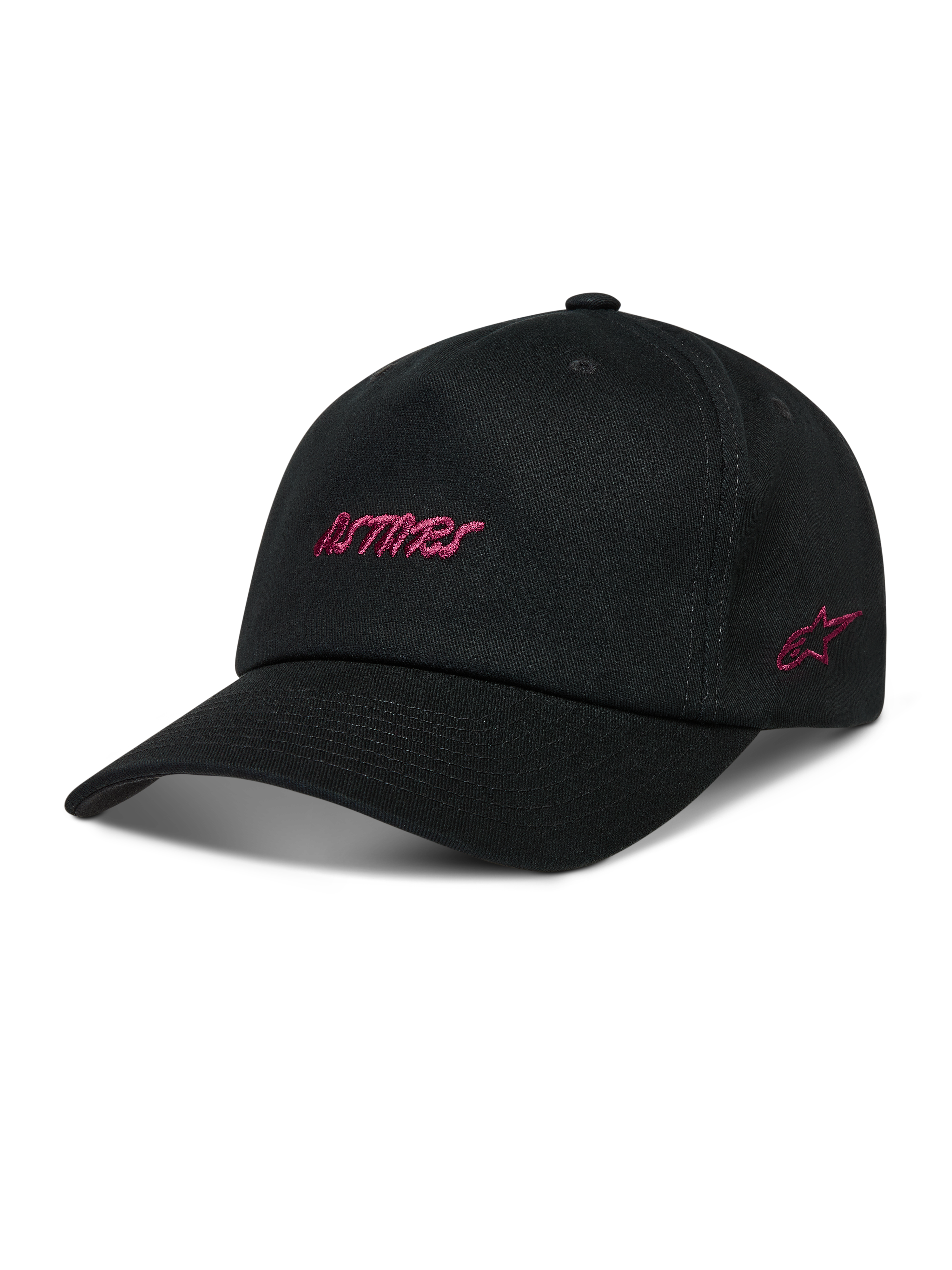 Alpinestars Explorer Strapback Hat, black sportswear cap with pink Astars logo embroidery and structured crown.