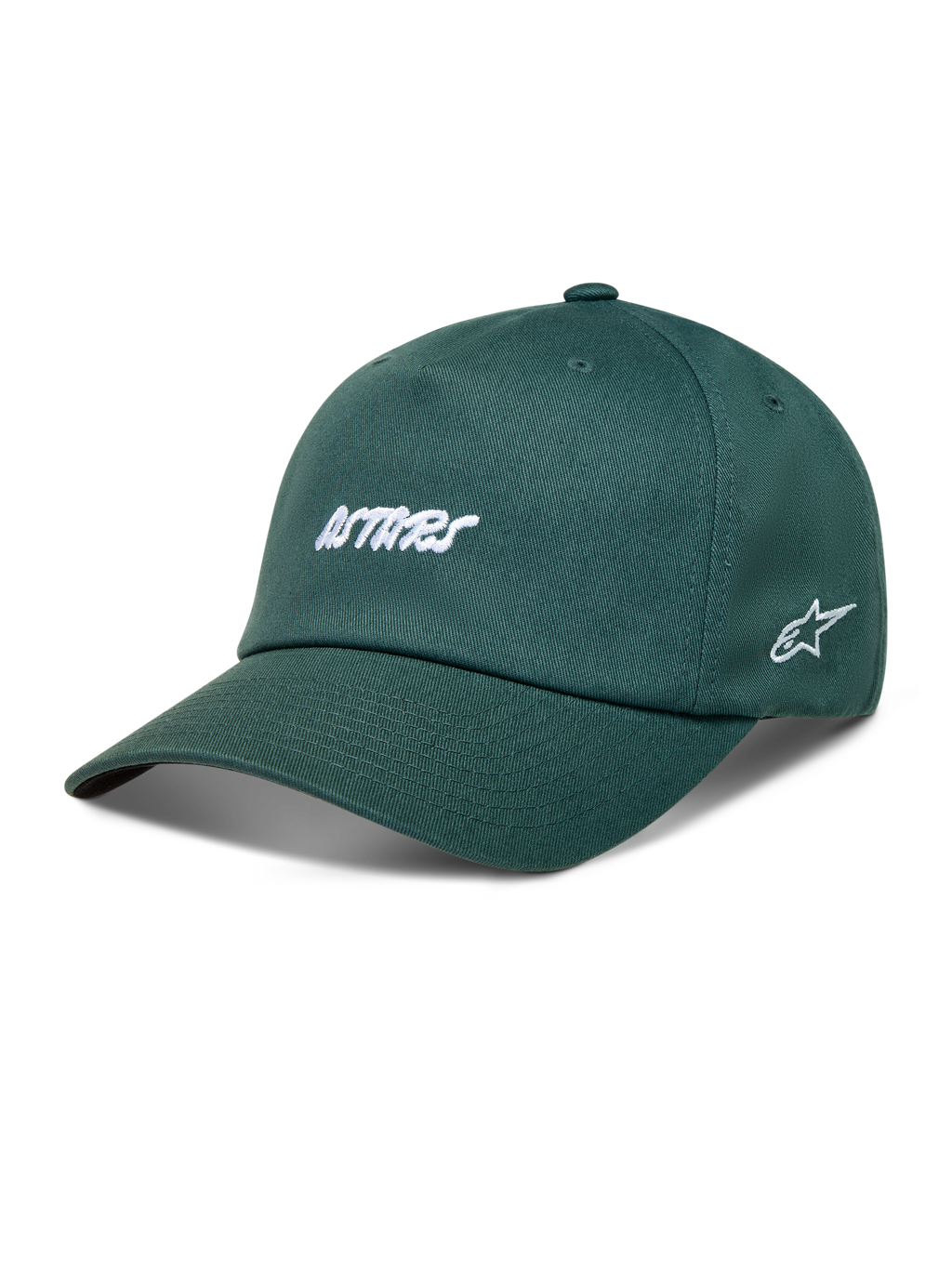 Alpinestars Explorer Strapback Hat, Green twill sportswear cap featuring white Astars embroidery and a curved bill.