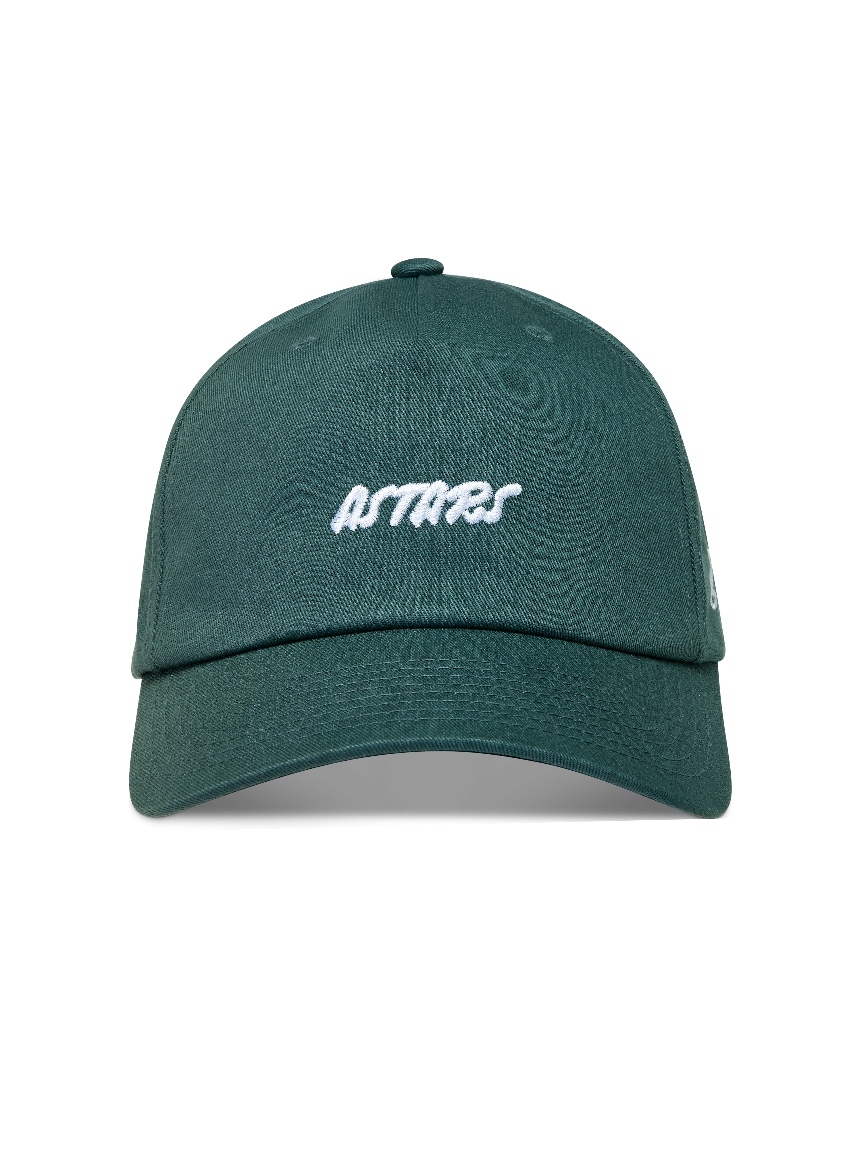 Alpinestars Explorer Strapback Hat, Green Sportswear Cap, White Embroidered Astars Logo, Curved Bill, Structured Crown.