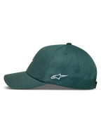 Alpinestars Explorer Strapback Hat in green, side view showing white logo embroidery, curved bill, and structured crown.