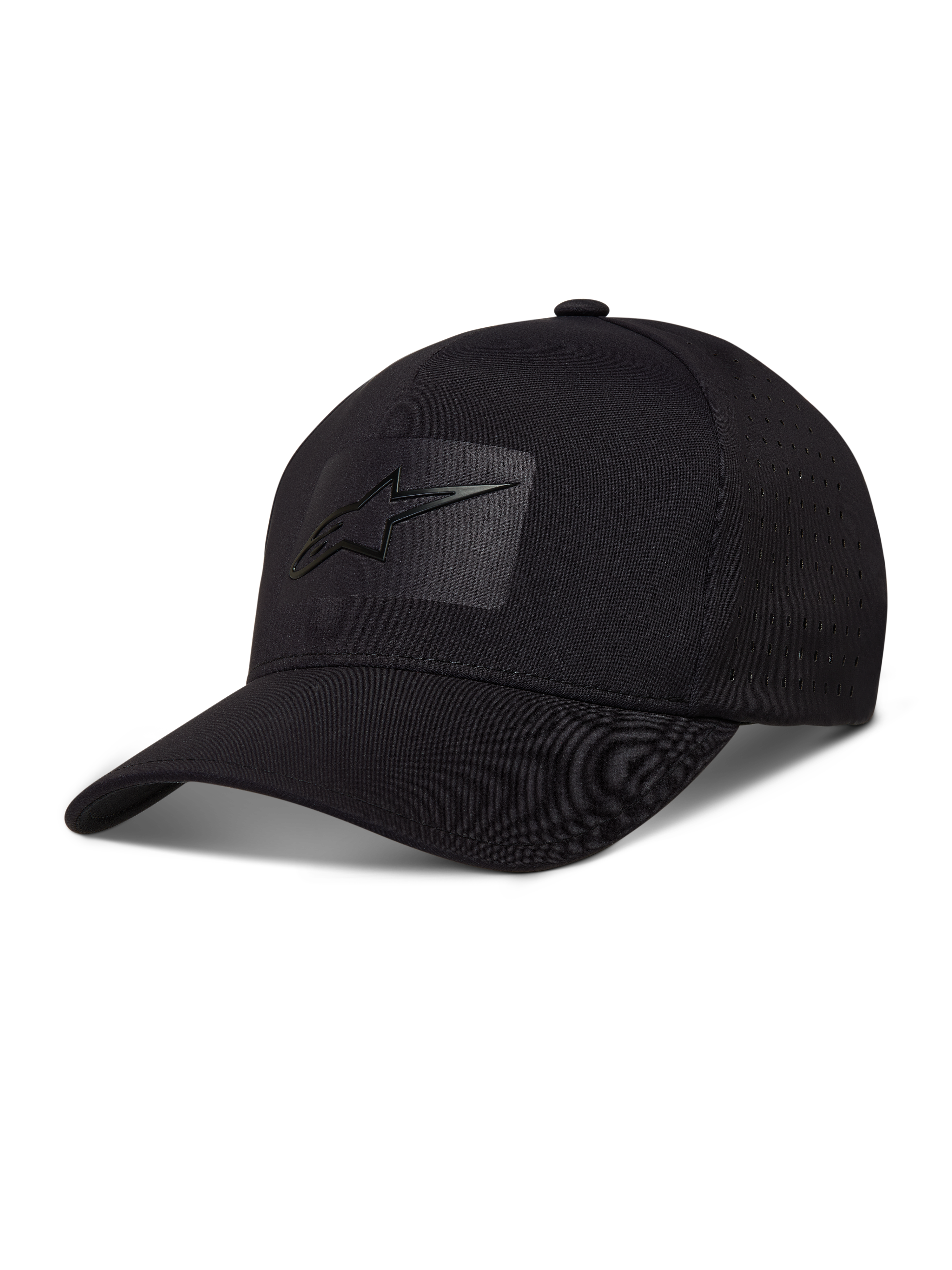 Alpinestars Algo Perf Adjustable Hat, black tech fabric cap with side perforations and a sonic weld logo.