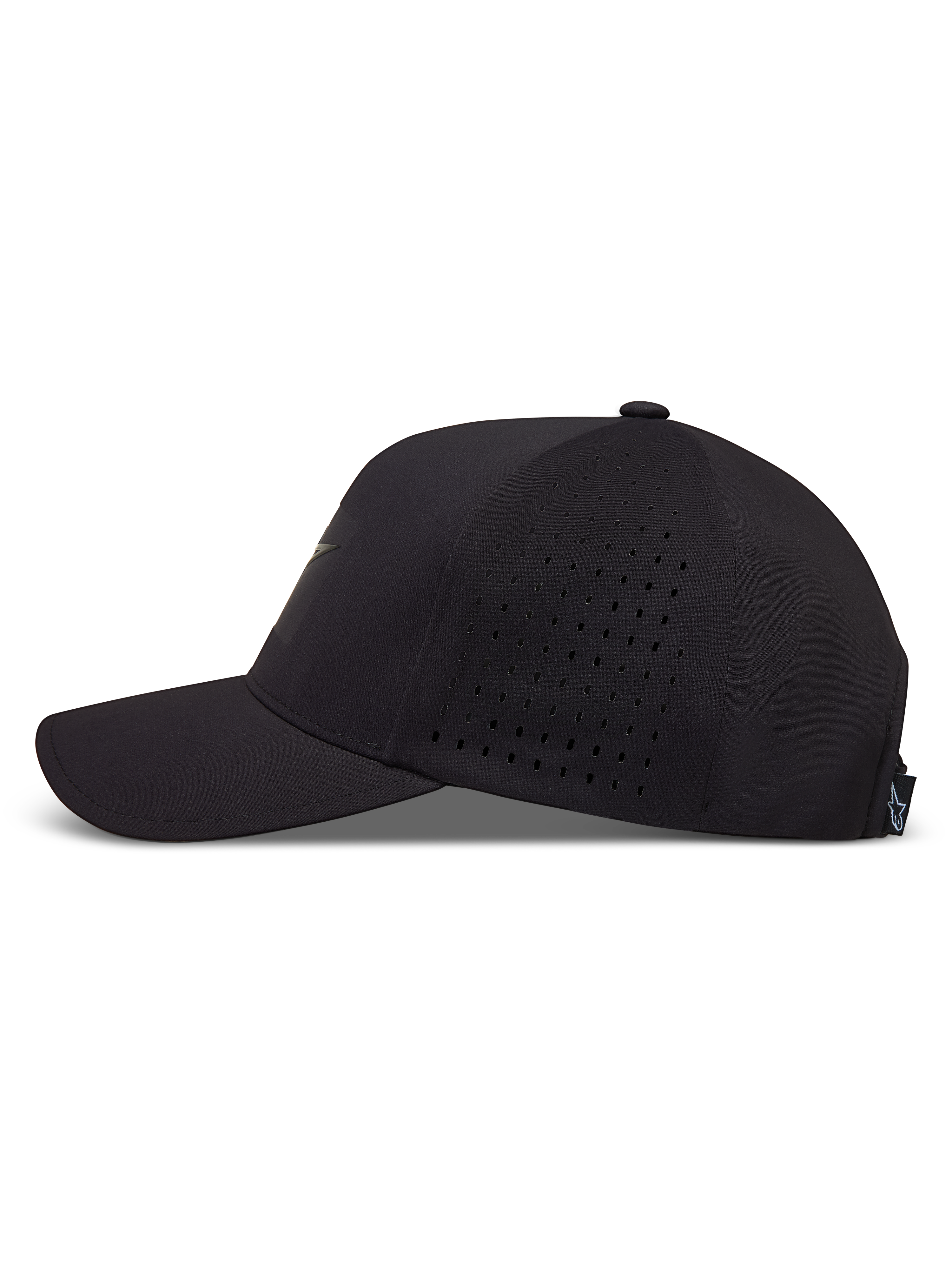 Alpinestars Algo Perf Adjustable Hat in Black, featuring a curved bill and perforated side panels for breathability.