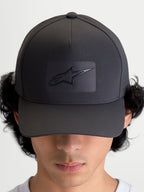 Alpinestars Algo Perf Adjustable Hat, Sportswear Baseball Cap, Dark Grey, featuring a structured crown, curved bill, and sonic-weld Astars logo with breathable side perforations, on-model front view.