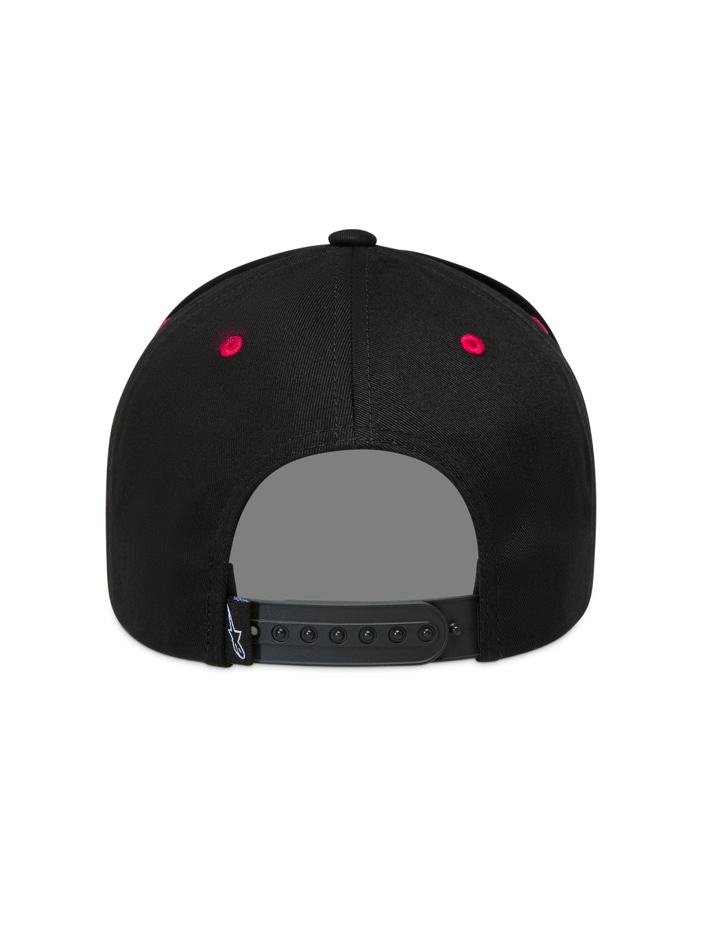 Alpinestars Retro Snapback Hat, Black and Red Sportswear Cap, back view with adjustable snapback strap and red eyelets.