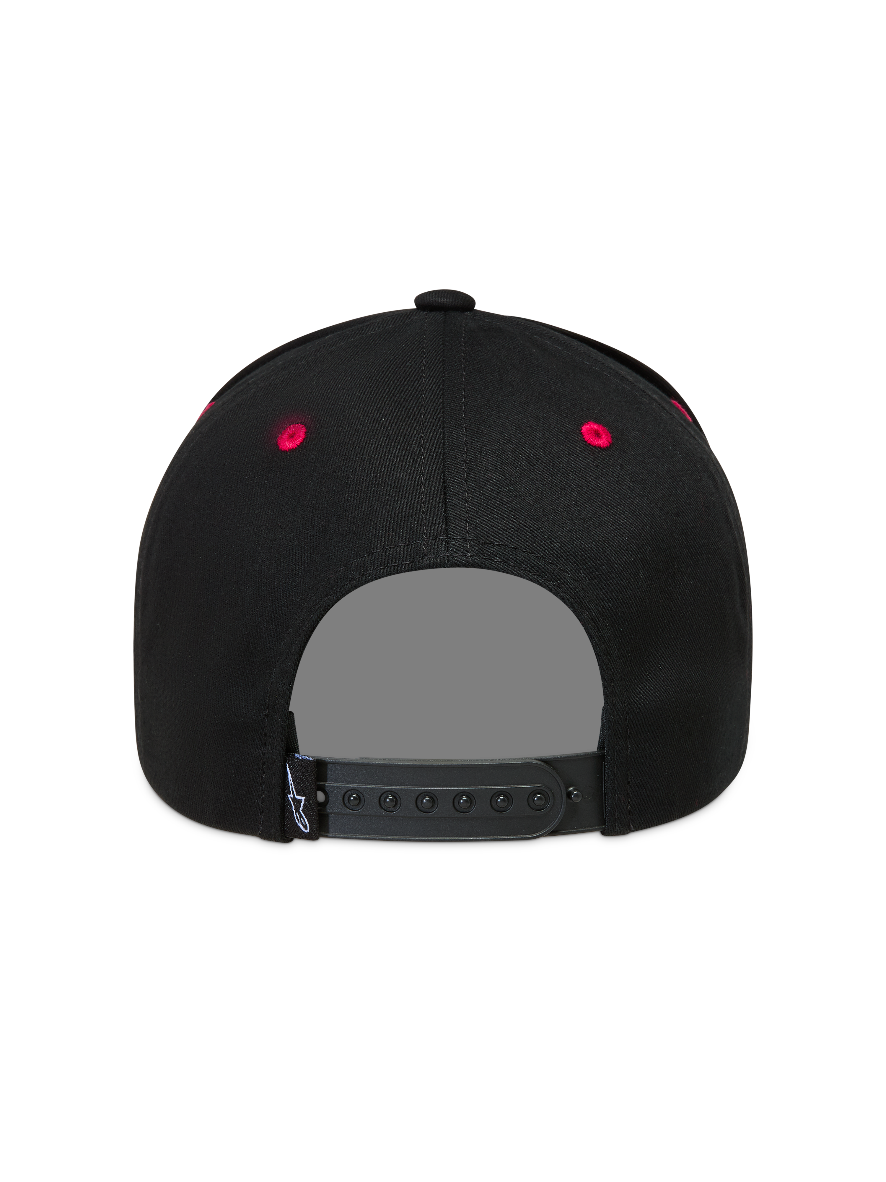 Alpinestars Retro Snapback Hat, Black and Red Sportswear Cap, back view with adjustable snapback strap and red eyelets.