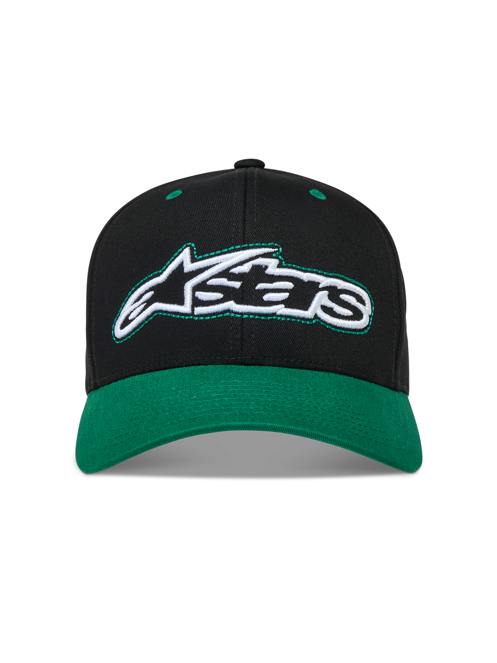 Alpinestars Retro Snapback Hat, Black and Green Sportswear Cap, Cotton Twill with a Curved Bill and Embroidered Logo.