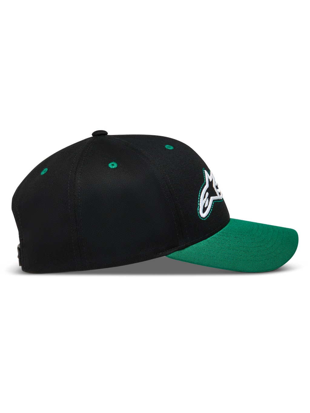 Alpinestars Retro Snapback Hat, Sportswear Baseball Cap, Black and Green, Curved Bill with Structured Crown.