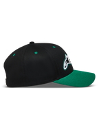 Alpinestars Retro Snapback Hat, Sportswear Baseball Cap, Black and Green, Curved Bill with Structured Crown.