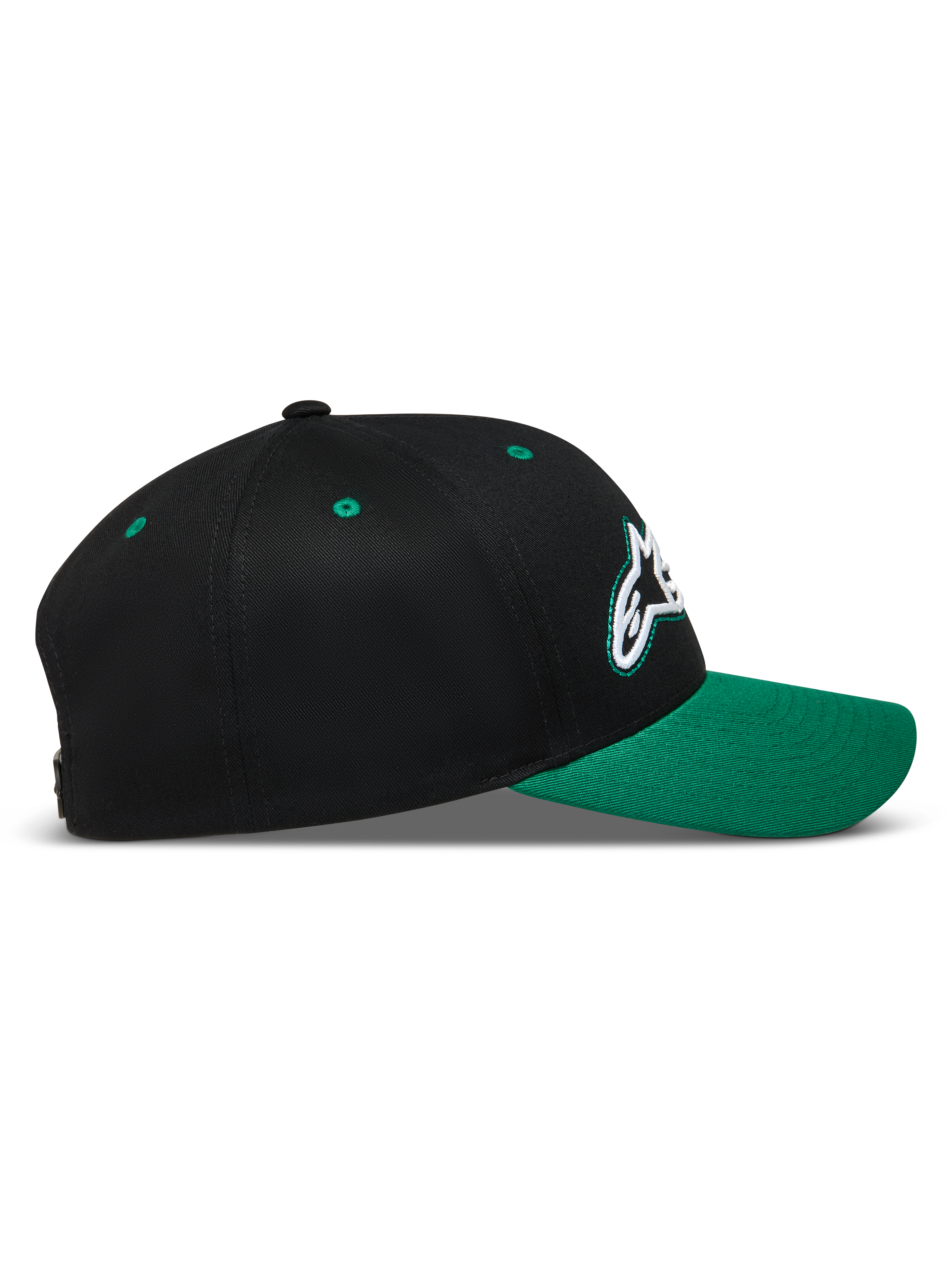Alpinestars Retro Snapback Hat, Sportswear Baseball Cap, Black and Green, Curved Bill with Structured Crown.