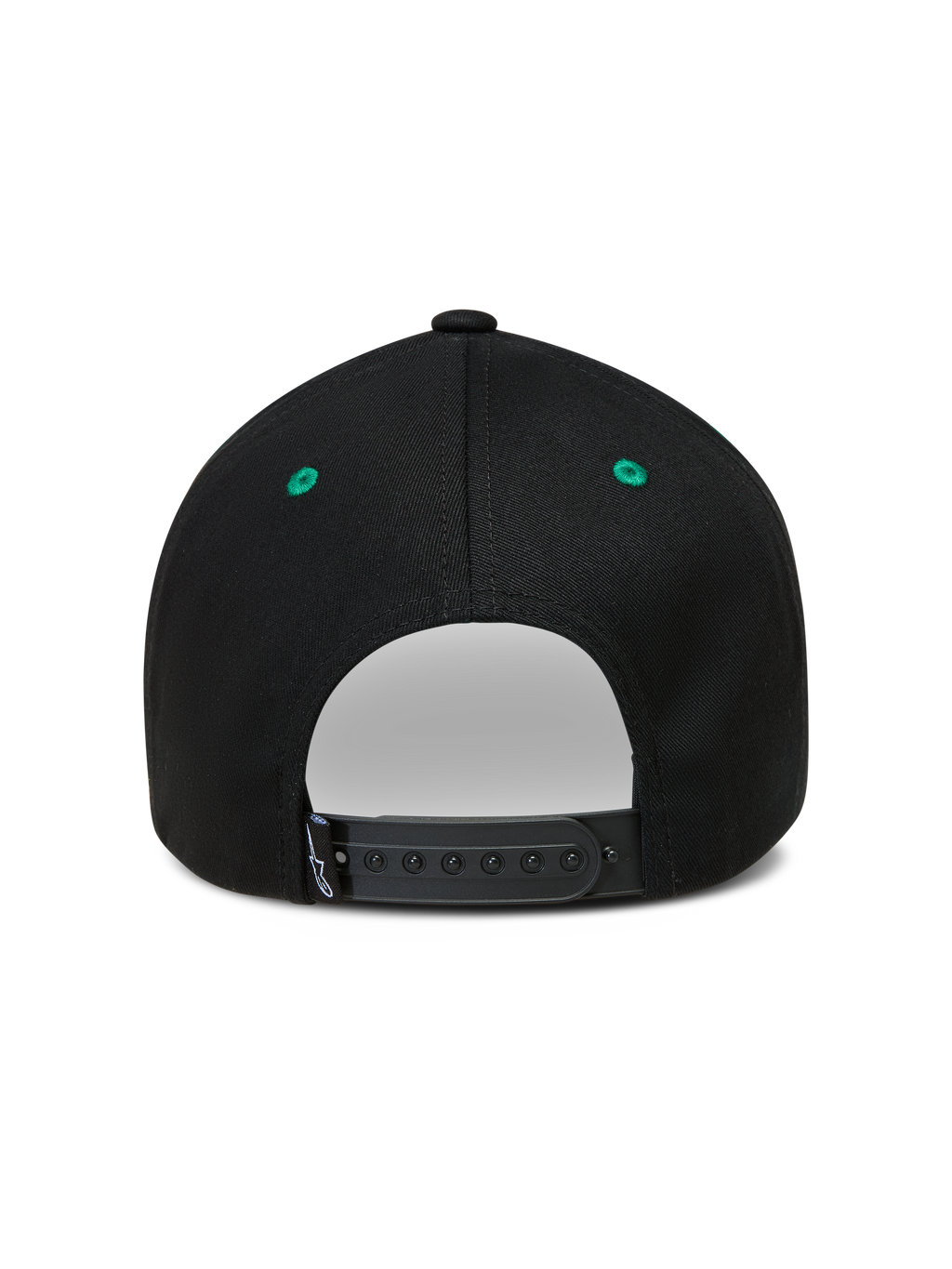 Alpinestars Retro Snapback Hat, Sportswear Baseball Cap, Black and Green, Adjustable Snapback Closure, Back View.