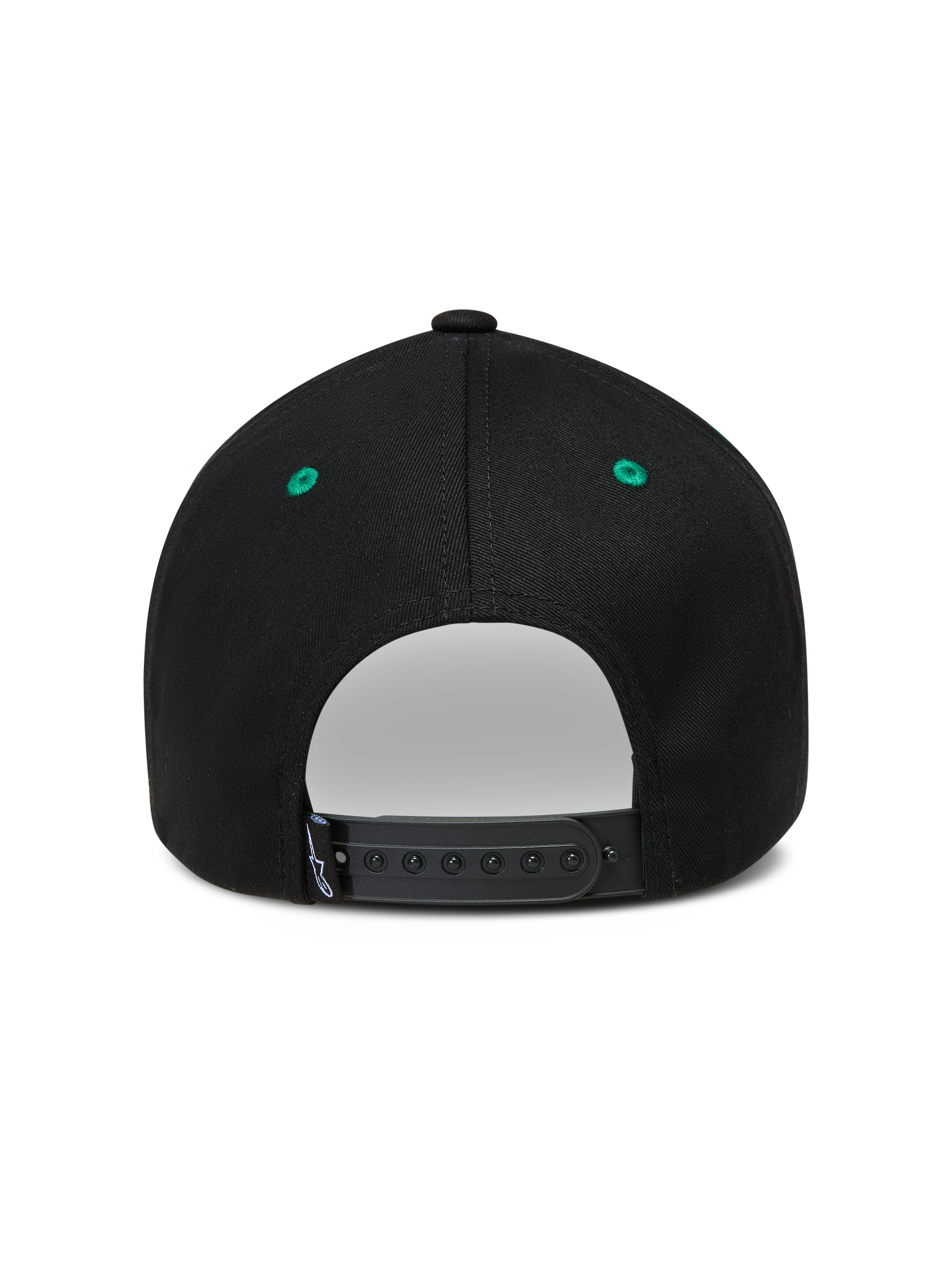 Alpinestars Retro Snapback Hat, Sportswear Baseball Cap, Black and Green, Adjustable Snapback Closure, Back View.