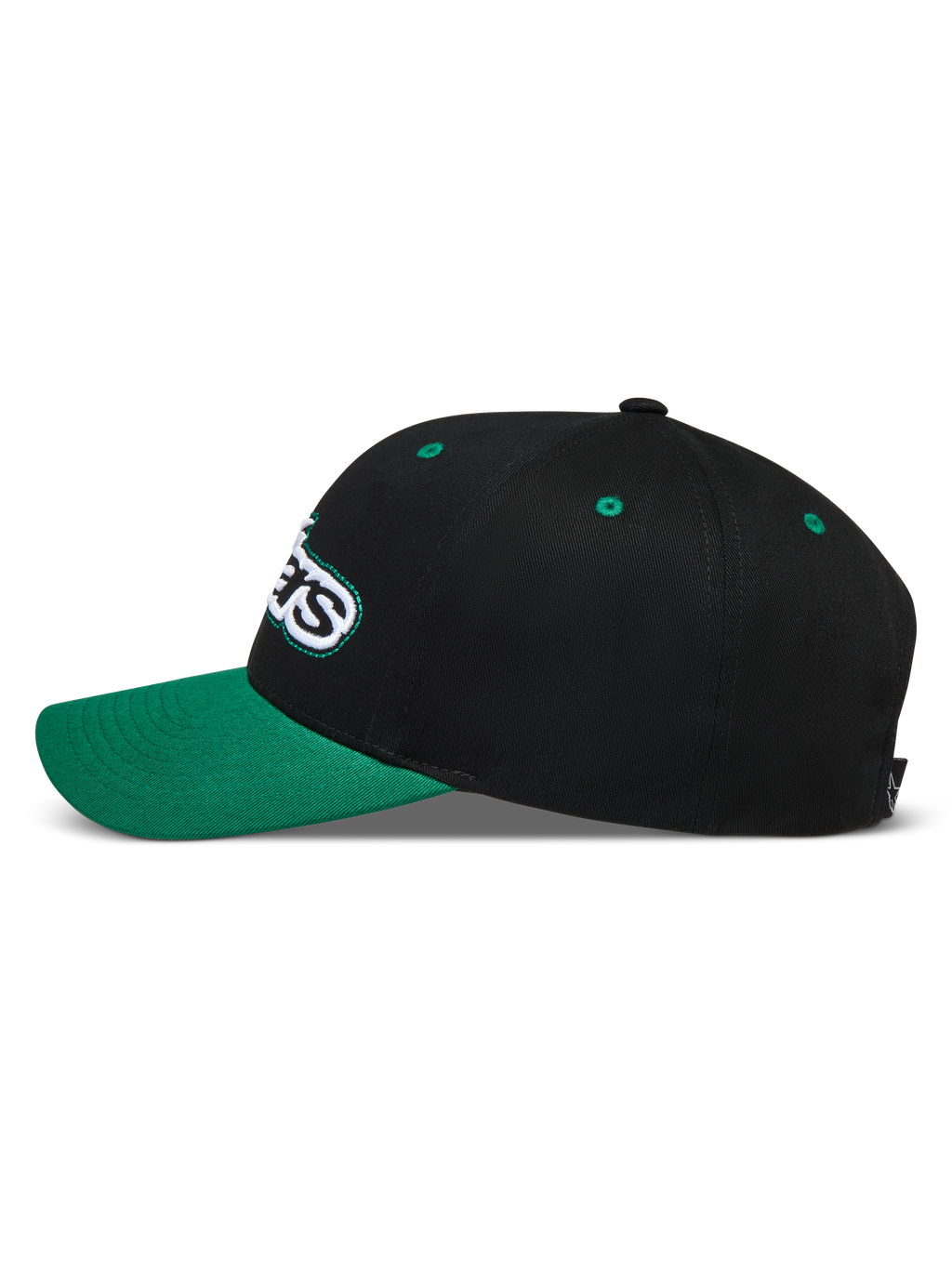 Alpinestars Retro Snapback Hat, Black and Green Sportswear Cap, side profile with curved bill and embroidered Astars logo.