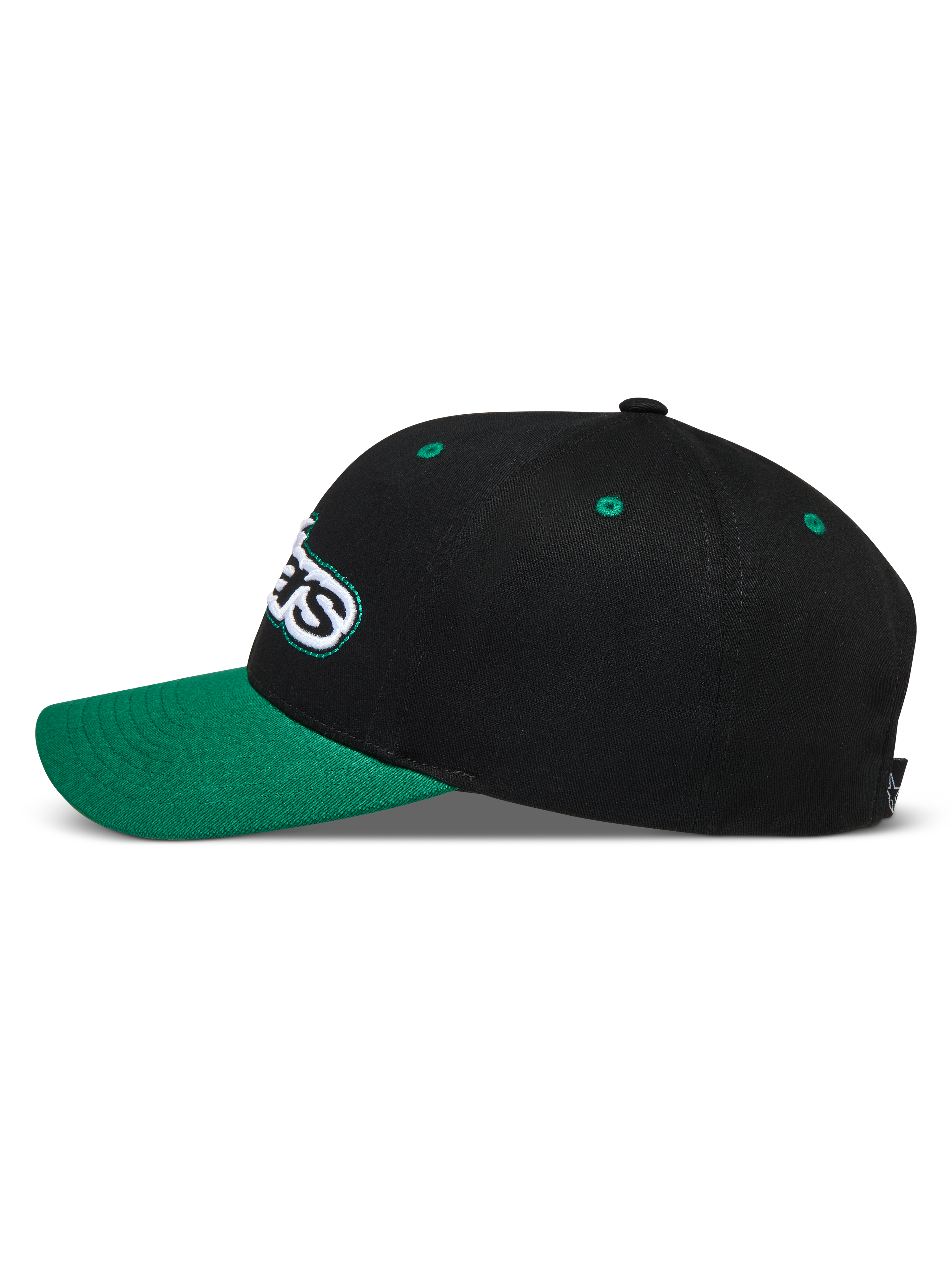 Alpinestars Retro Snapback Hat, Black and Green Sportswear Cap, side profile with curved bill and embroidered Astars logo.