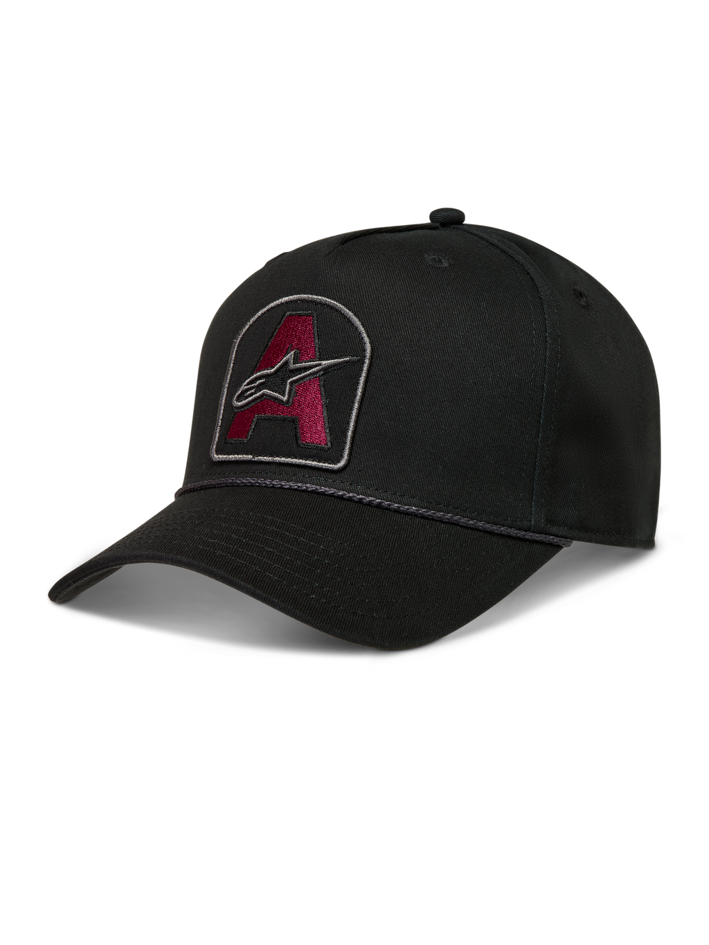 Alpinestars Acme Snapback Hat, black twill cap featuring a burgundy embroidered logo patch, curved bill, and rope trim.