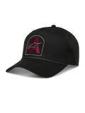 Alpinestars Acme Snapback Hat, black twill cap featuring a burgundy embroidered logo patch, curved bill, and rope trim.