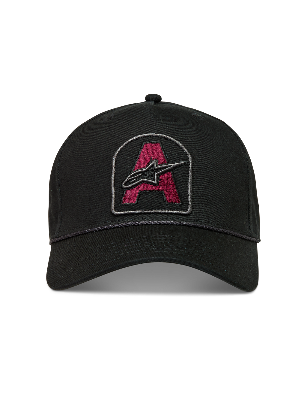 Alpinestars Acme Snapback Hat, black cotton twill cap with a burgundy Astars logo patch and rope trim detail.