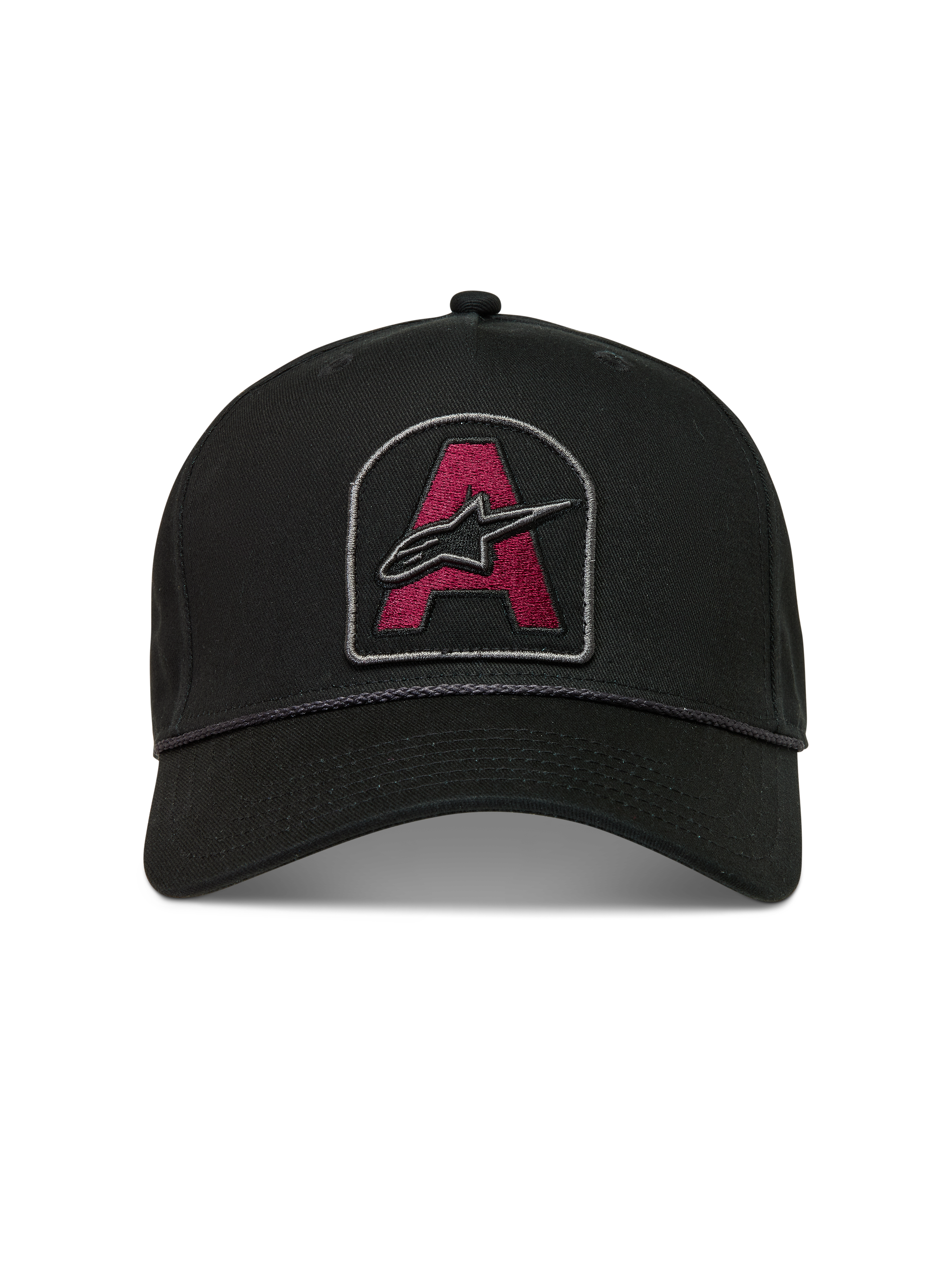 Alpinestars Acme Snapback Hat, black cotton twill cap with a burgundy Astars logo patch and rope trim detail.