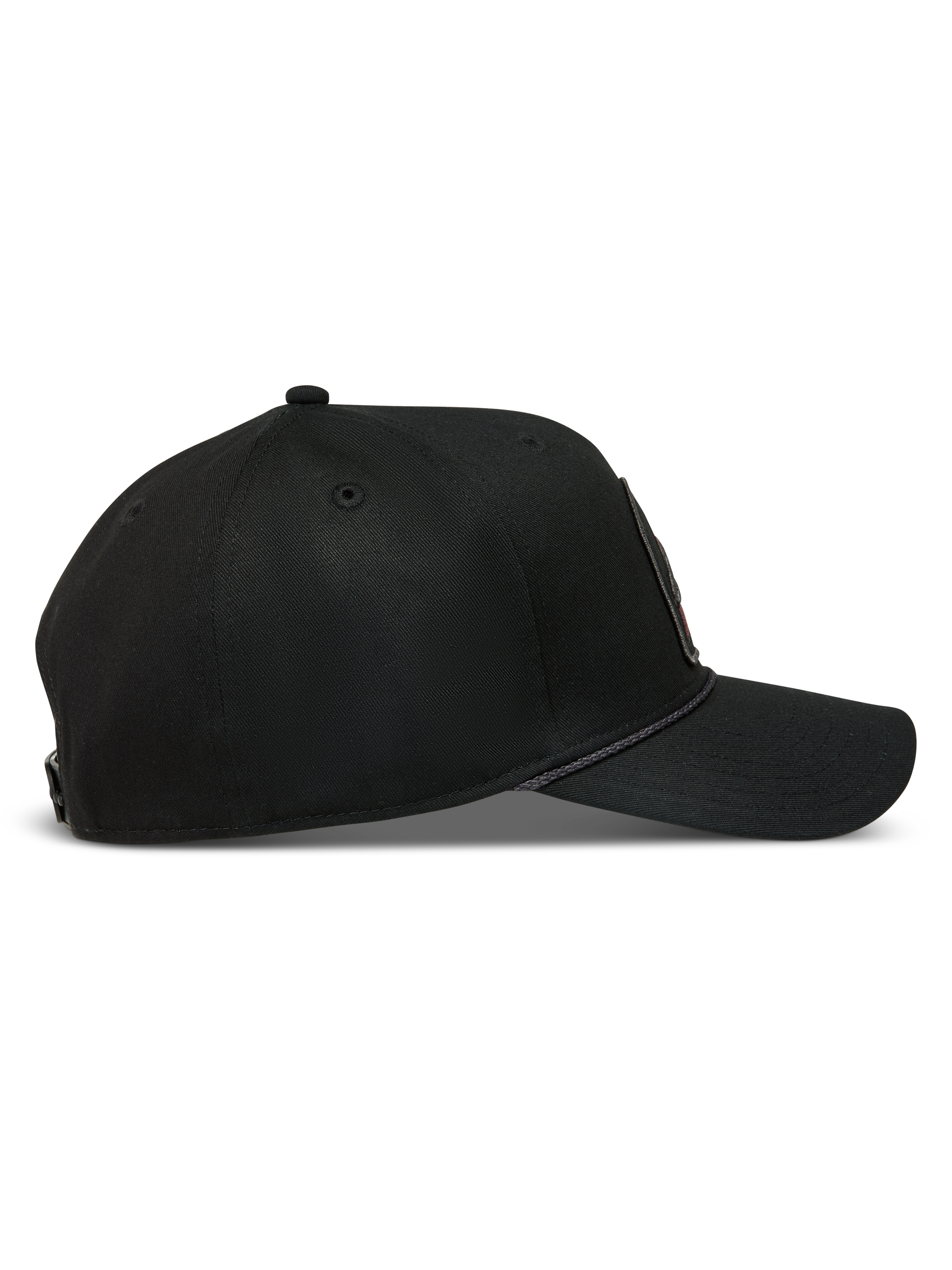 Alpinestars Acme Snapback Hat, Black Sportswear Cap with a curved bill, structured crown, and rope trim detail.