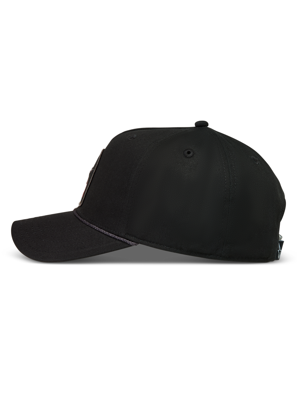 Alpinestars Acme Snapback Hat, Black Sportswear Cap featuring a Structured Crown, Curved Bill, and unique Rope Trim detail.