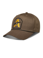 Alpinestars Acme Snapback Hat, walnut brown sportswear cap with a curved bill and yellow Astars logo patch featuring black rope trim.