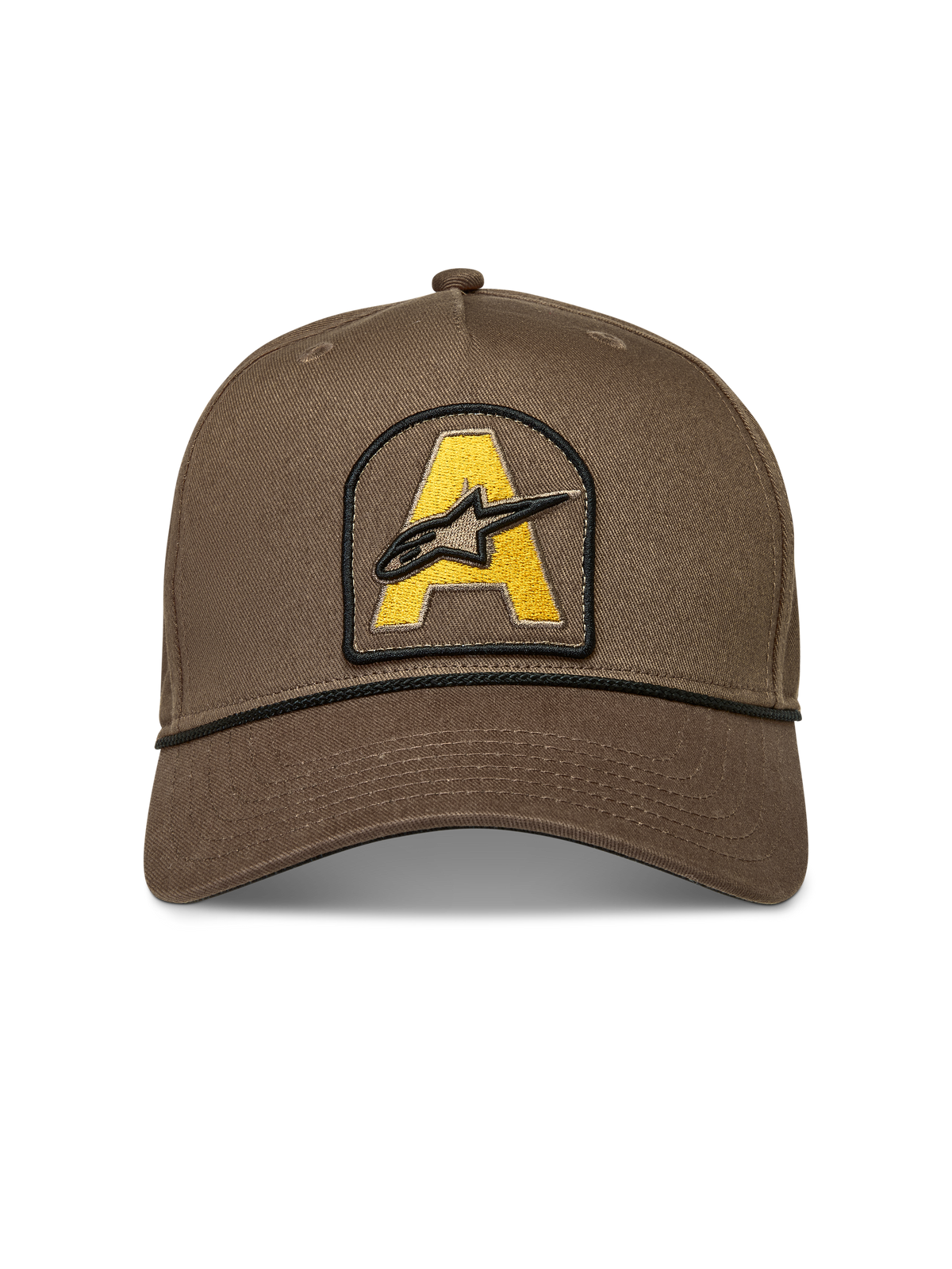 Alpinestars Acme Snapback Hat, walnut brown cotton twill cap with yellow embroidered logo patch and rope trim.