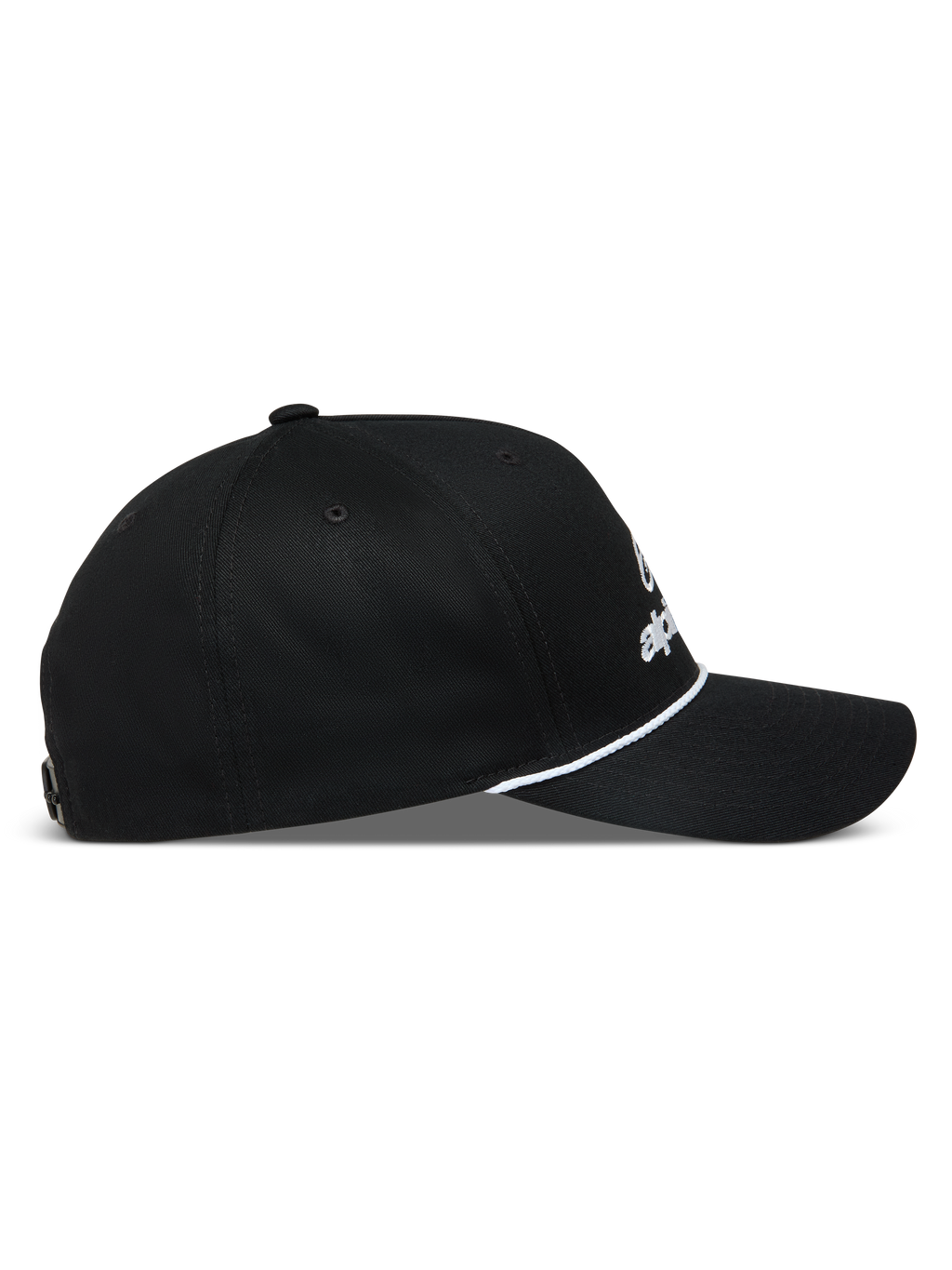 Alpinestars Combo Logo Snapback Hat, Black Sportswear Baseball Cap, Side Profile with Curved Bill and White Rope Detail