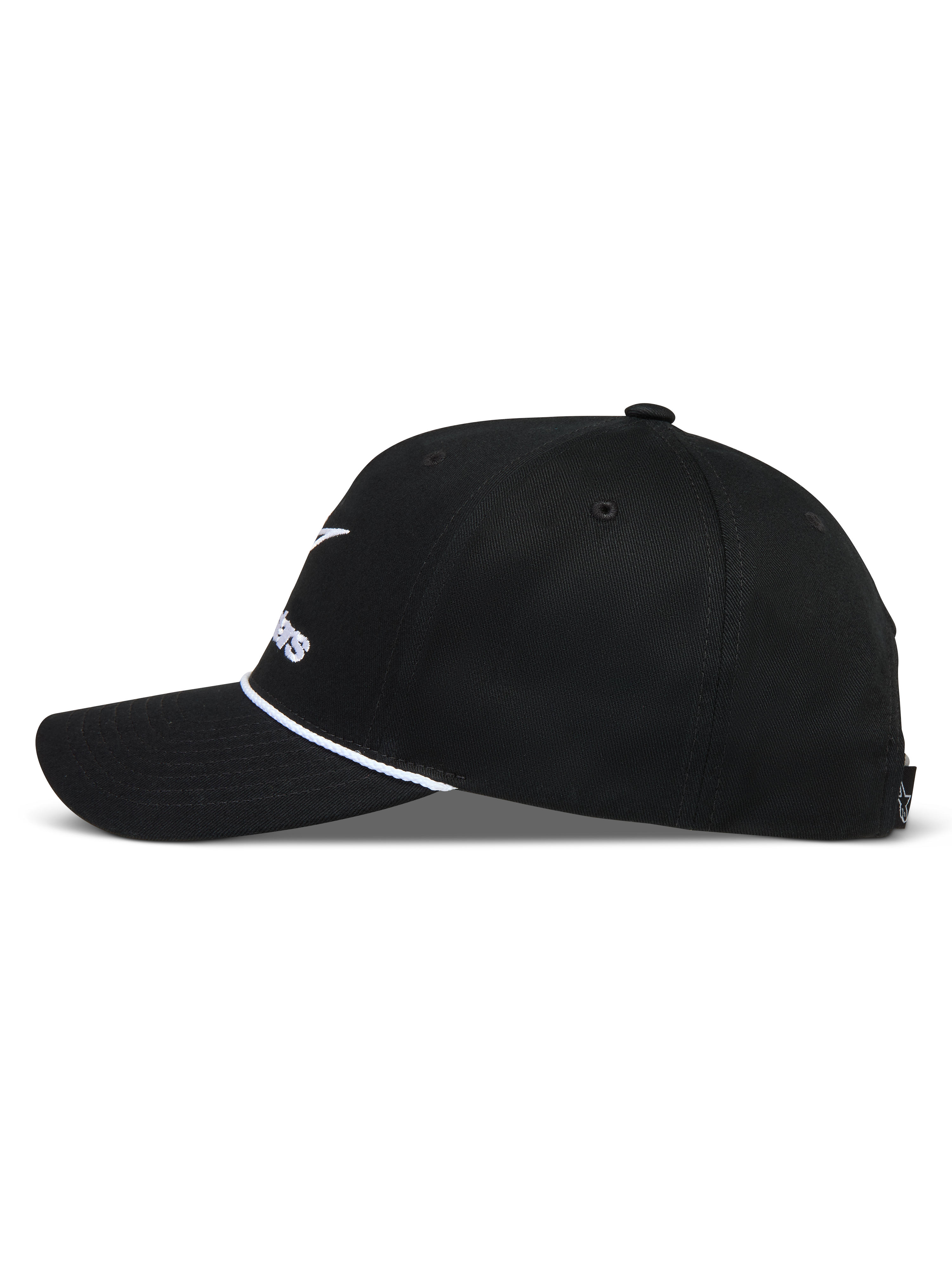 Alpinestars Combo Logo Snapback Hat, black sportswear cap with a curved bill, white rope detail, and structured crown.