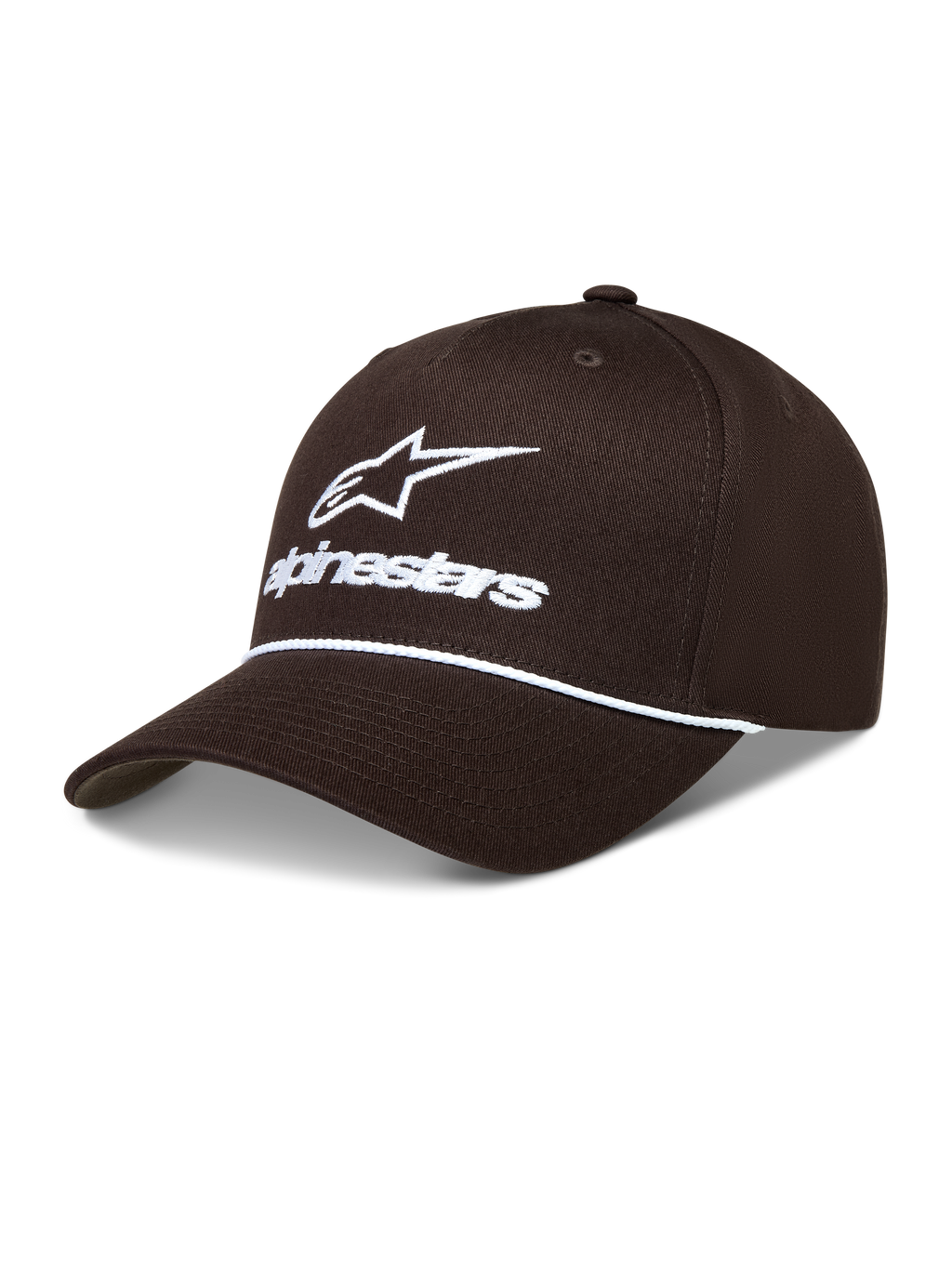Alpinestars Combo Logo Snapback Hat, Brown Sportswear Cap with white embroidery, decorative rope detail, and curved bill.