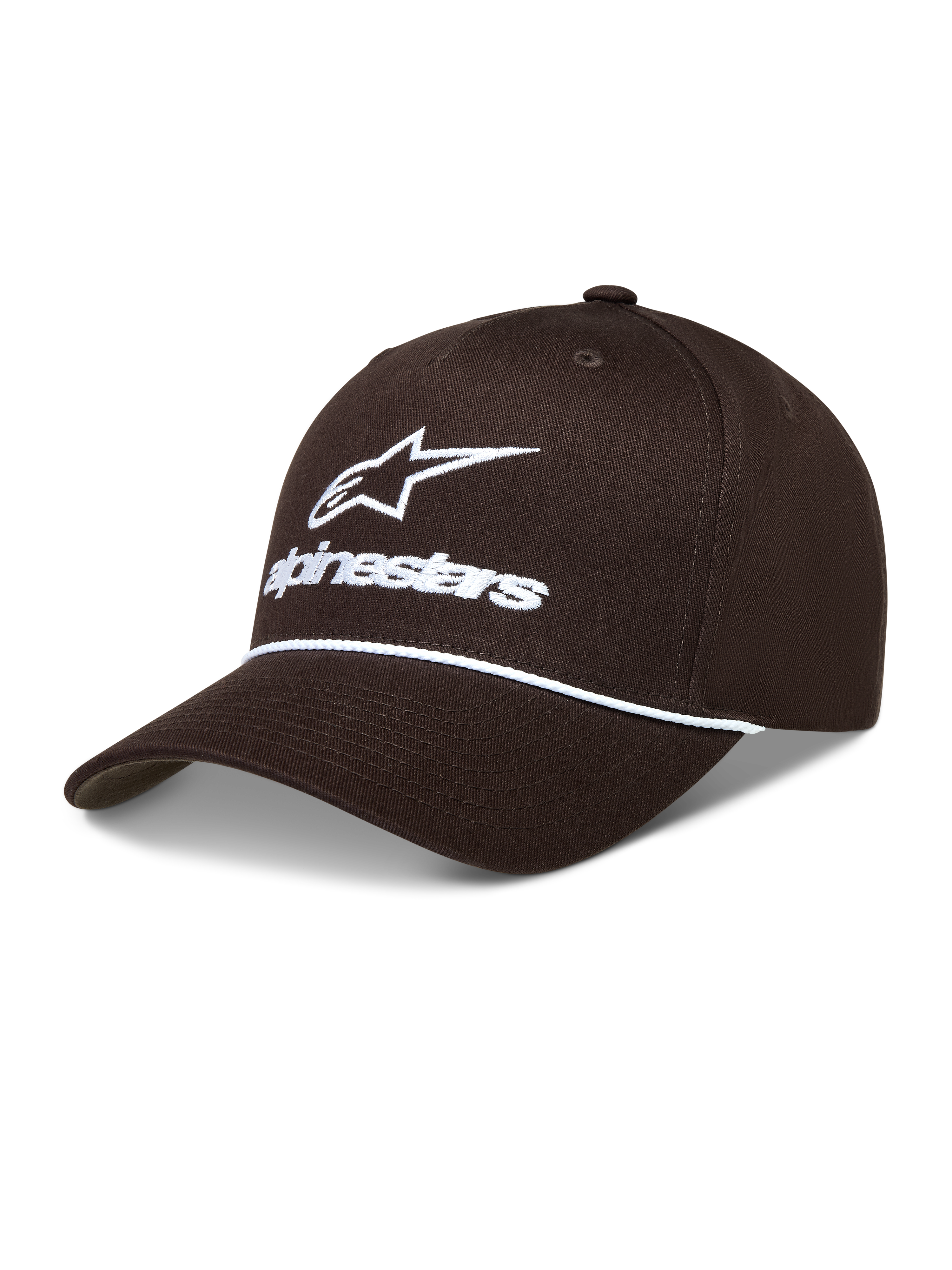 Alpinestars Combo Logo Snapback Hat, Brown Sportswear Cap with white embroidery, decorative rope detail, and curved bill.