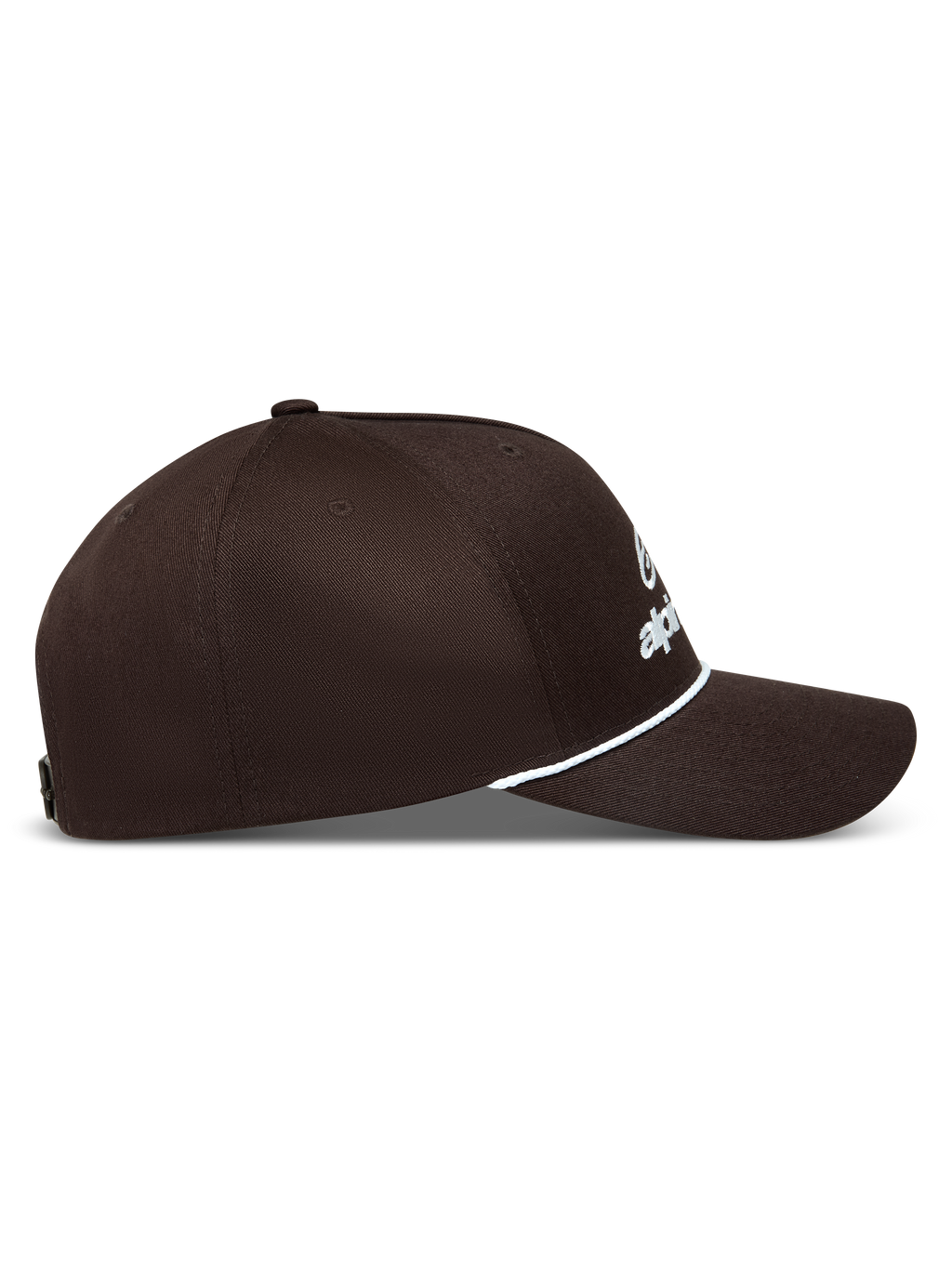 Alpinestars Combo Logo Snapback Hat in Brown, sportswear baseball cap with white embroidered logo, structured crown, and curved bill with white rope accent.