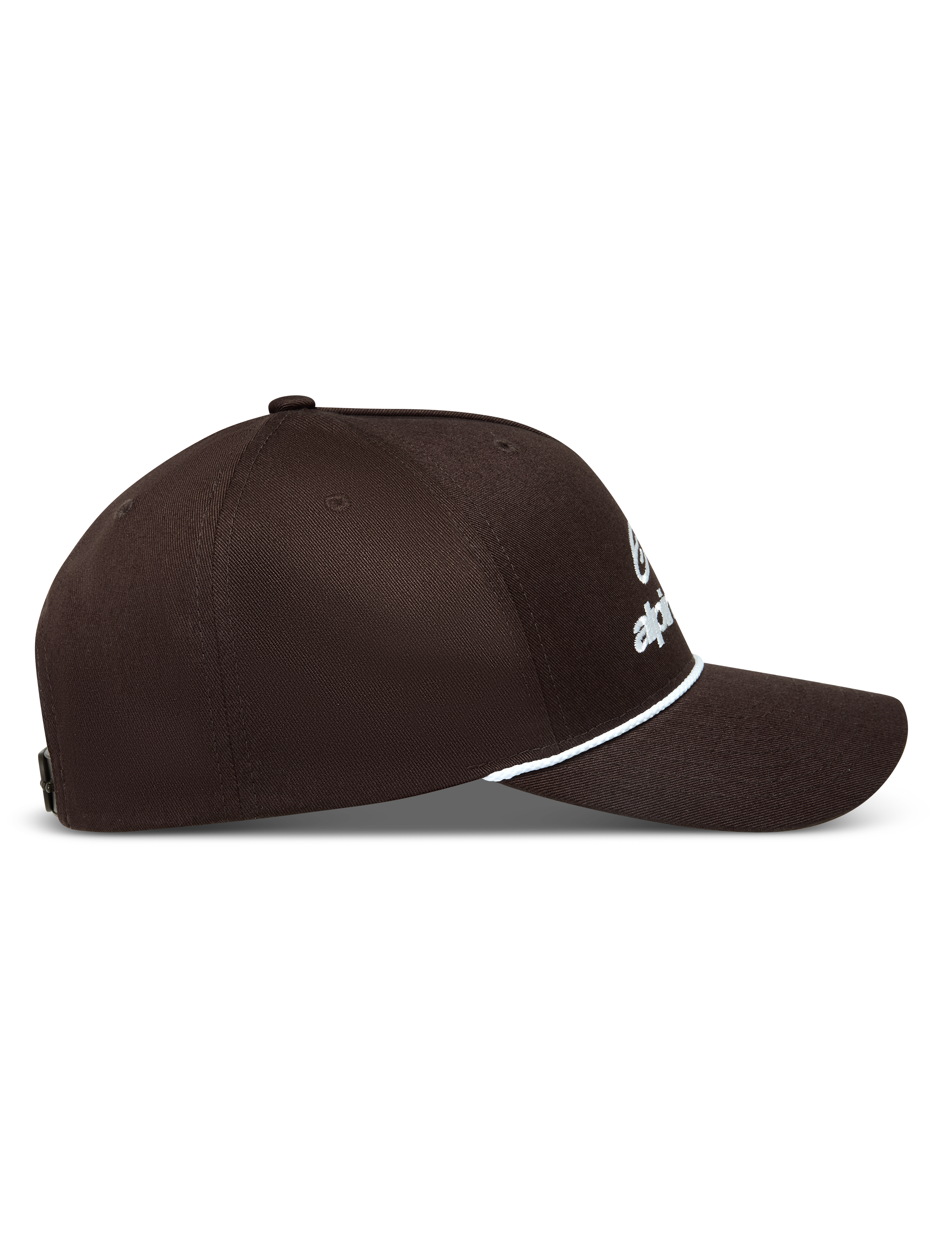 Alpinestars Combo Logo Snapback Hat in Brown, sportswear baseball cap with white embroidered logo, structured crown, and curved bill with white rope accent.