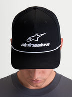 Alpinestars Combo Logo Snapback Hat, Casual Sportswear Cap, Unisex, Black and White, featuring a structured crown, curved bill with white decorative rope, and front Astars logo embroidery, premium cotton twill construction.